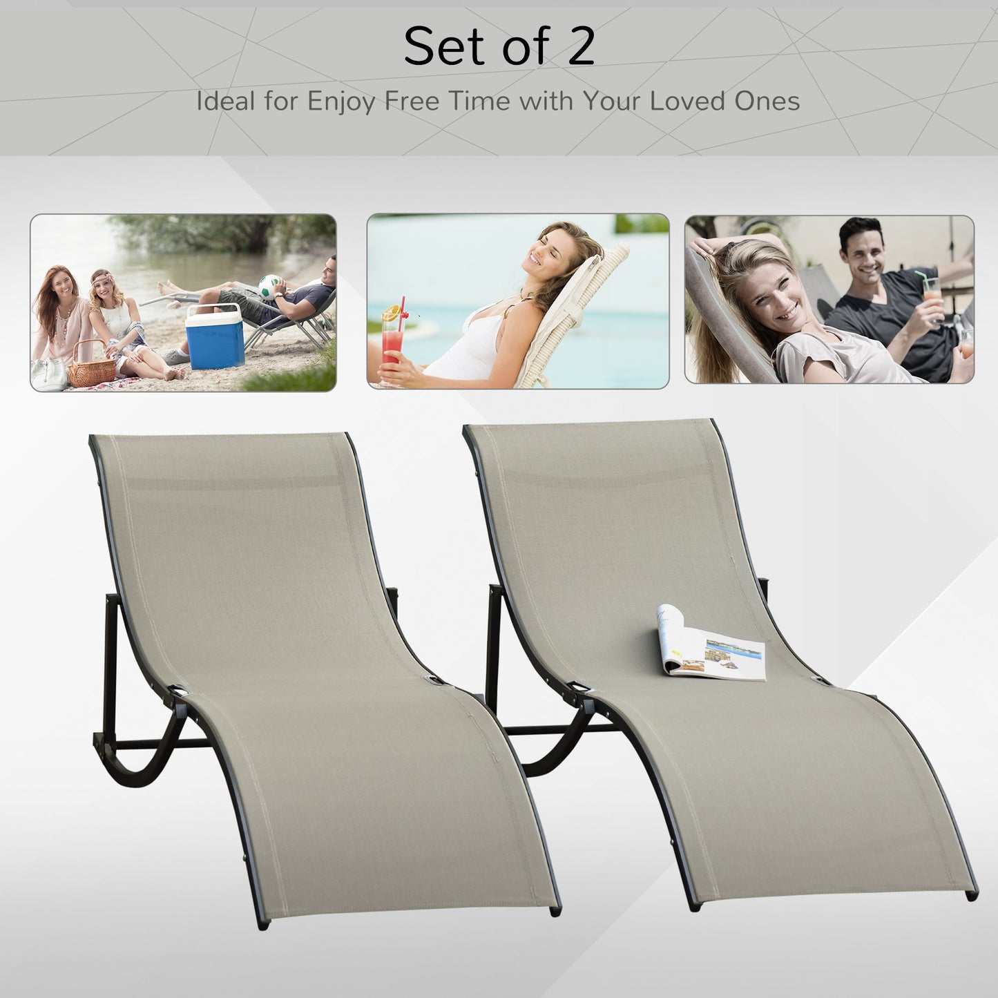 Outsunny Set of 2 S-shaped Lounge Chair Foldable Sleeping Bed 165x61x63cm Khaki