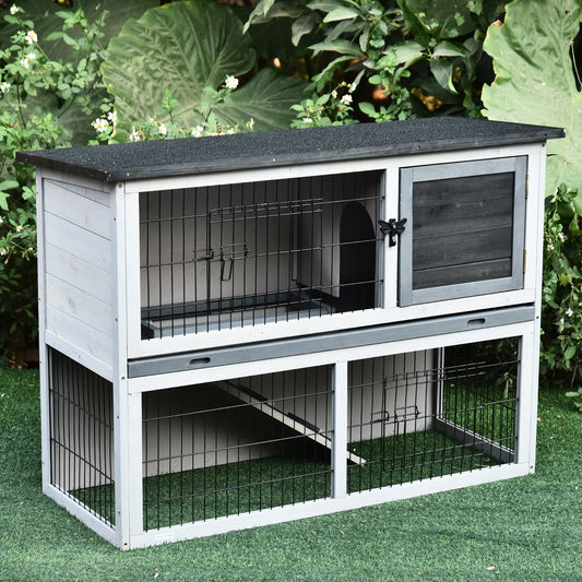 PawHut Small Animal Two-Level Fir Wood Rabbit Hutch Bunny Cage w/ Slide Out Tray Grey