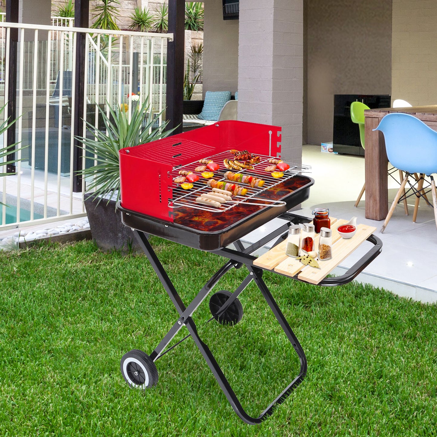 Outsunny Foldable Charcoal Trolley Barbecue Grill W/ Wheels-Red & Black