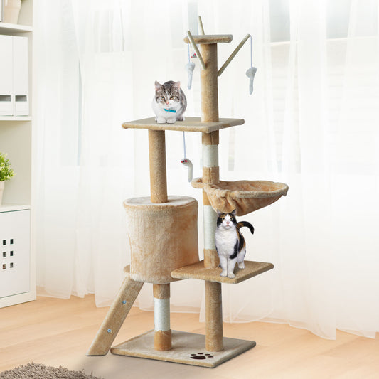 PawHut Cat Scratching Post 5-tier Tall Beige Condo Kitty Activity Centre Scratcher Climbing Tree with Toys Beige