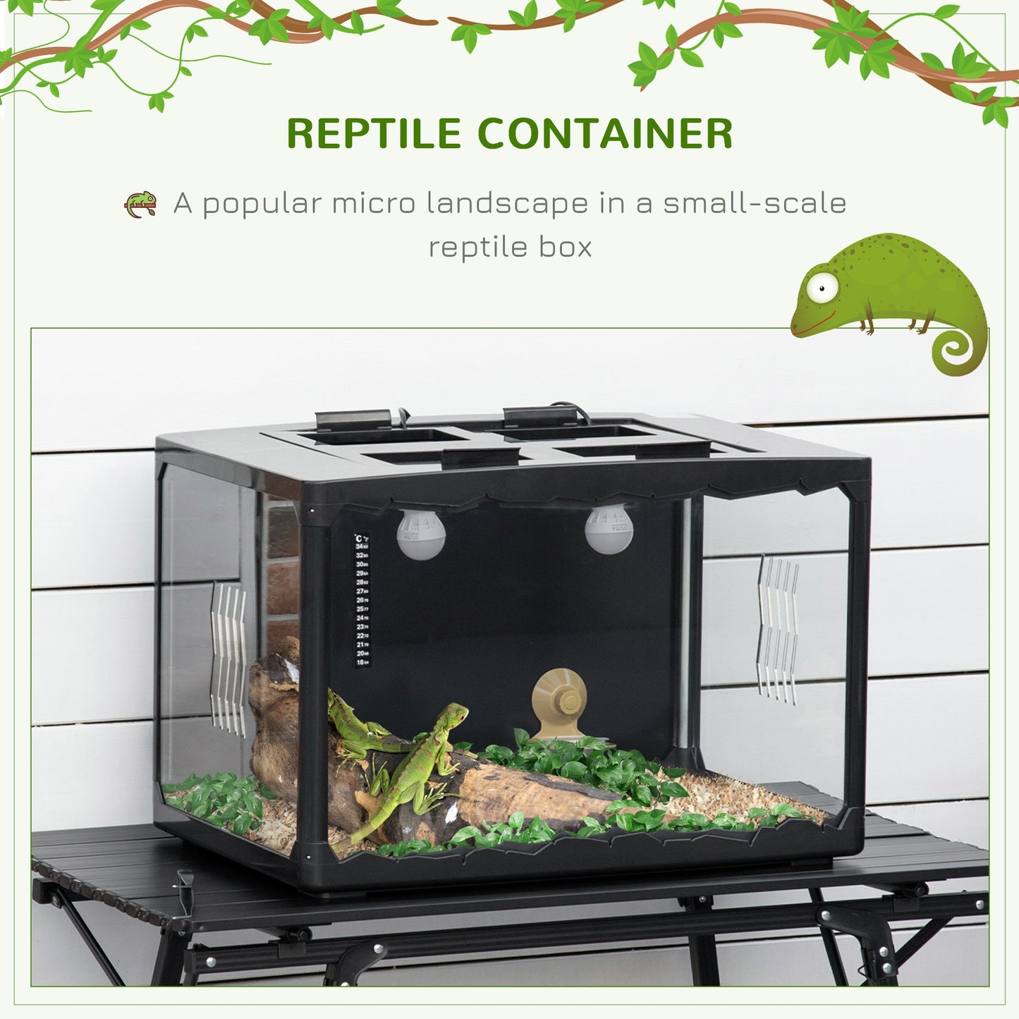 PawHut 60 x 40 x 40.5 cm Reptile Box, Breeding Tank, w/ Lamp Holders, Hanging Basin