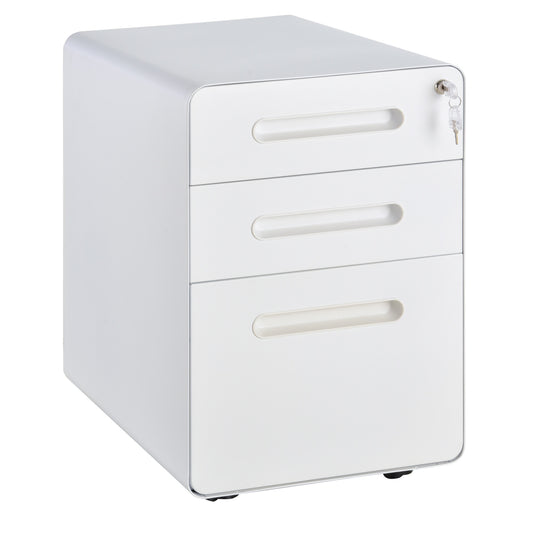 Vinsetto Steel 3-Drawer Curved Mobile File Cabinet w/ Lock All-Metal Rolling White