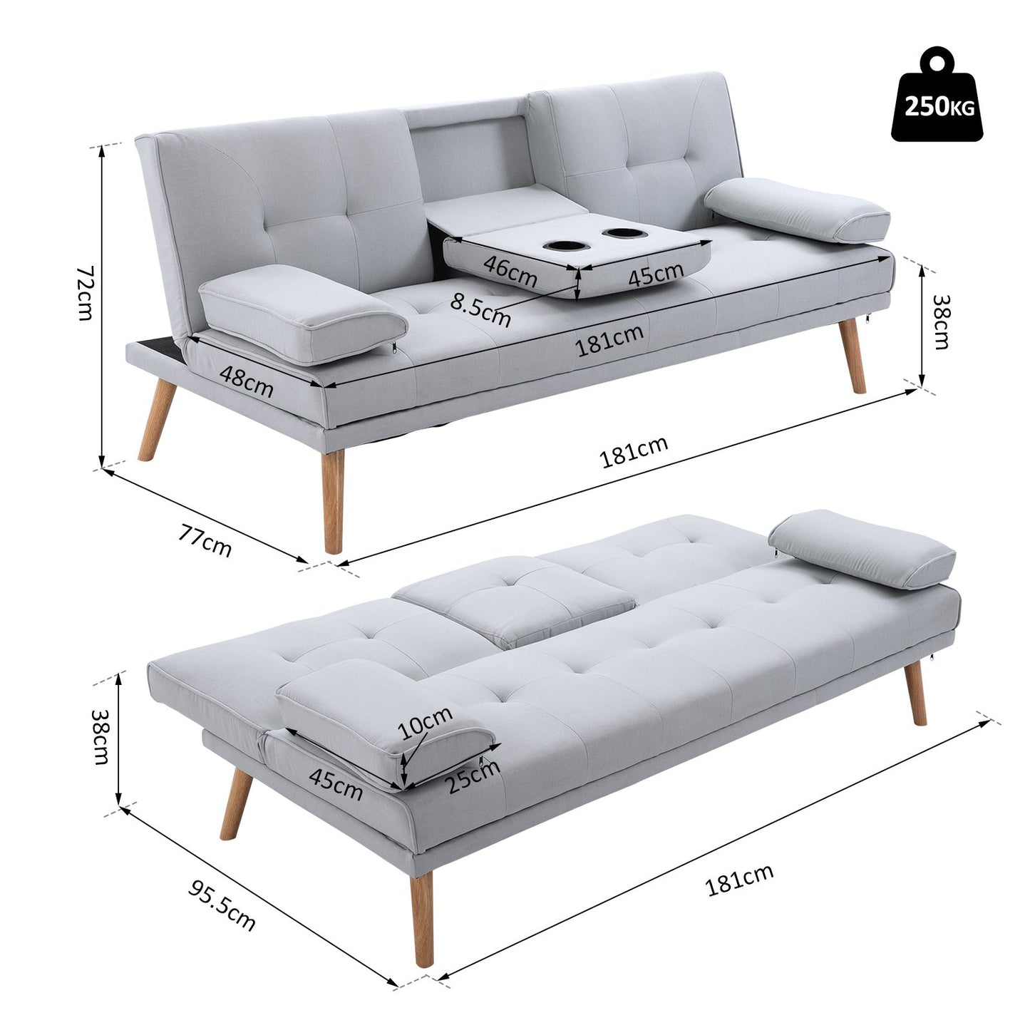 HOMCOM 3 Seater Sofa Bed W/Linen Metal Sponge Rubber Wood Legs, 181W x 77D x 72Hcm-Grey