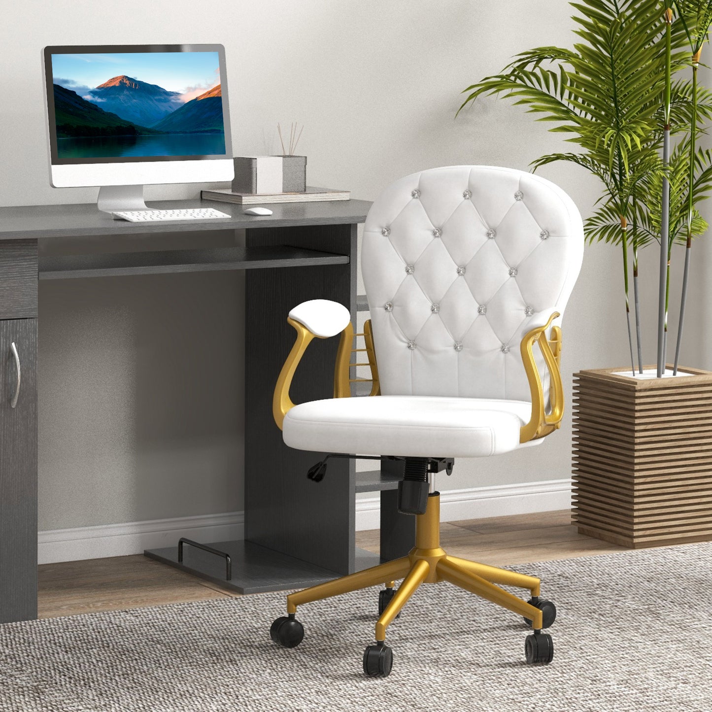 Vinsetto Height Adjustable Home Office Chair Button Tufted Computer Chair with Padded Armrests and Tilt Function Cream White