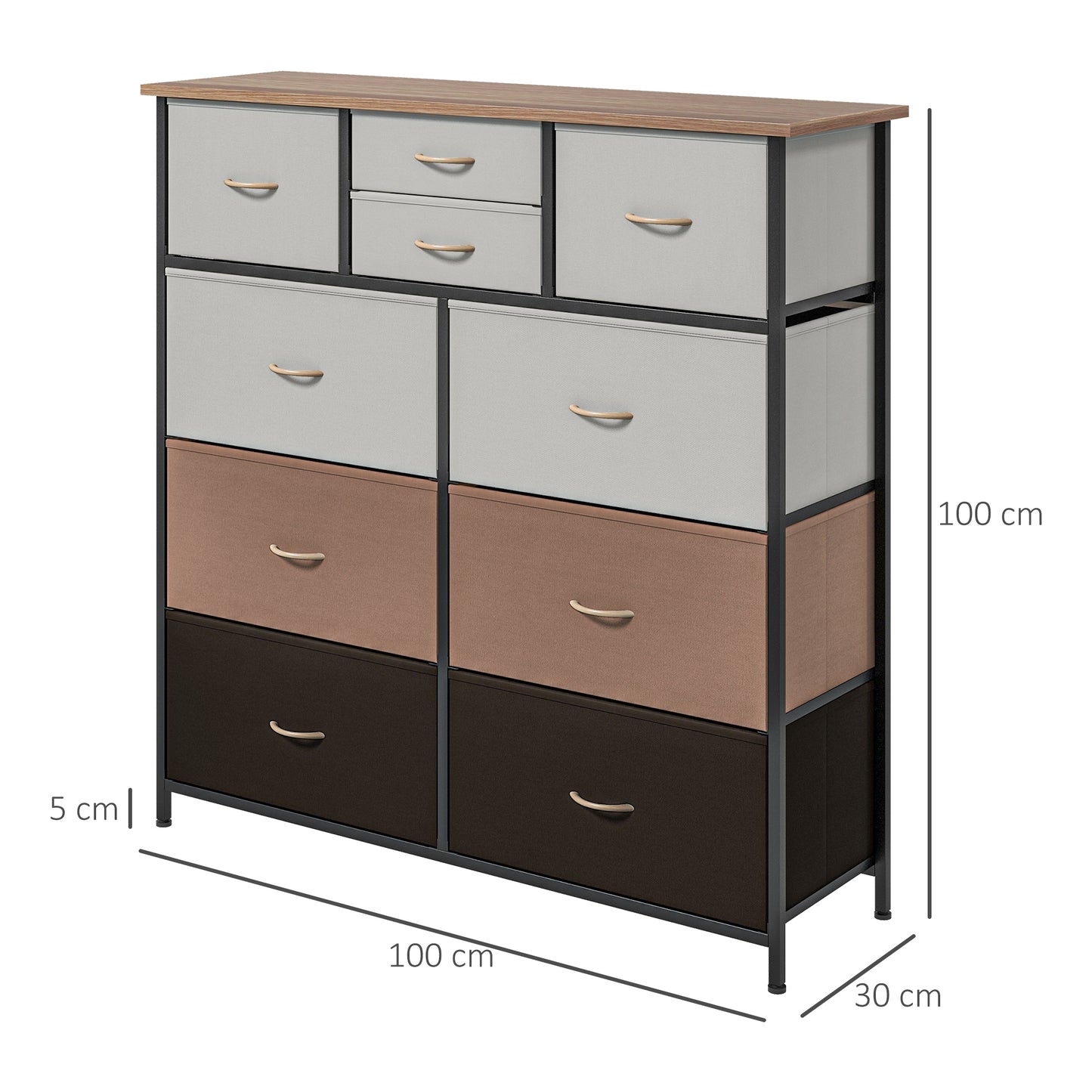 HOMCOM Bedroom Chest of Drawers 10 Drawer Dresser with Foldable Fabric Drawers and Steel Frame Multicolour