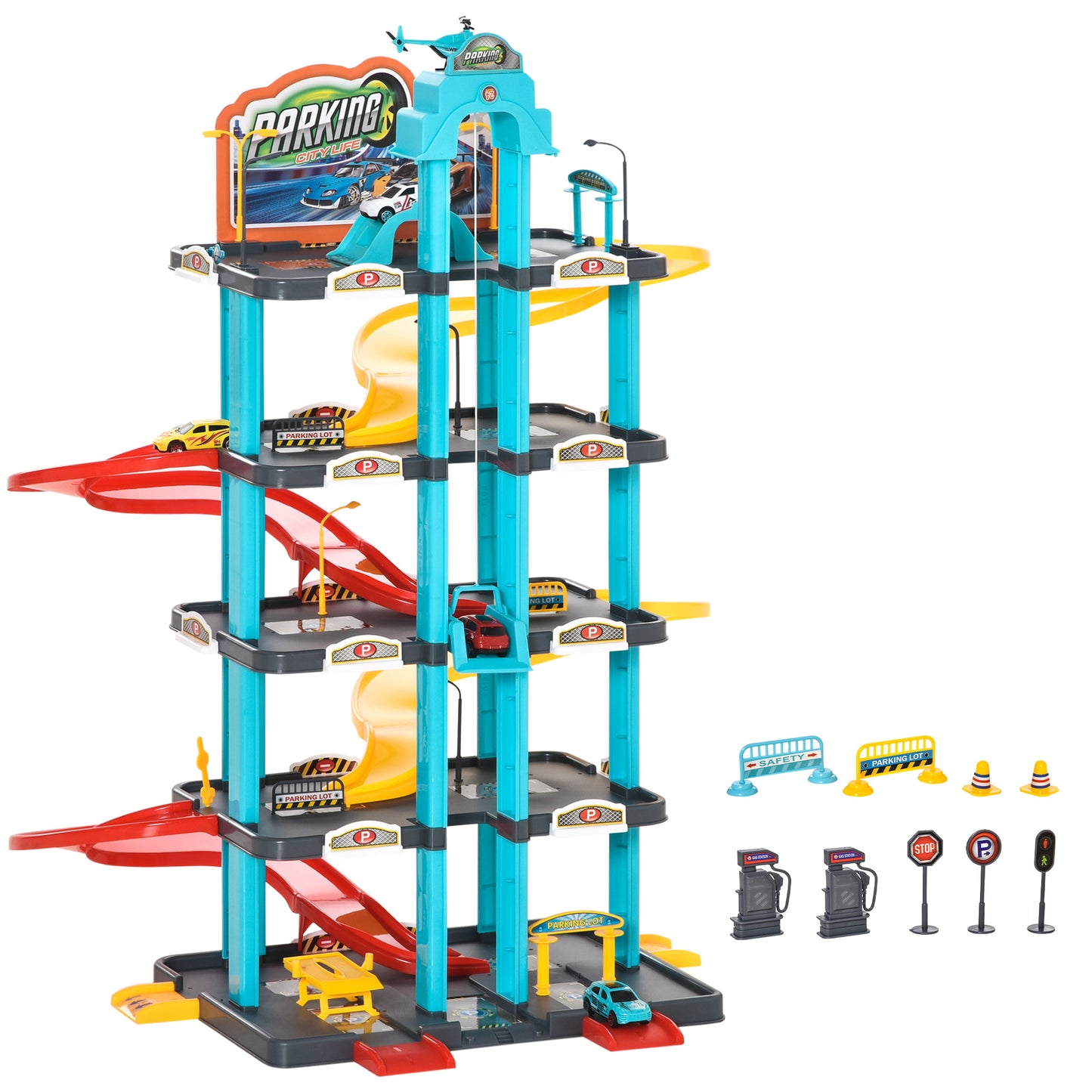 HOMCOM 5-Level Car Parking Garage Toy Race Tracks Car Ramp Set Toddler Car Games