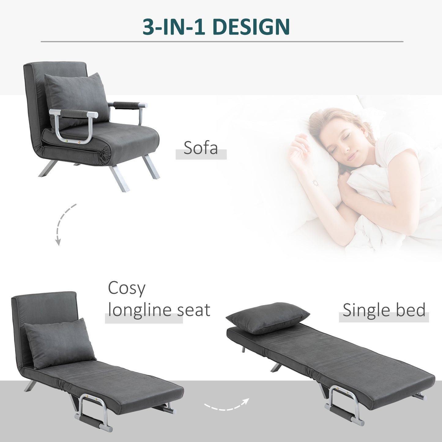 HOMCOM Suede Upholstered 5-Position Single Sofa Bed Grey