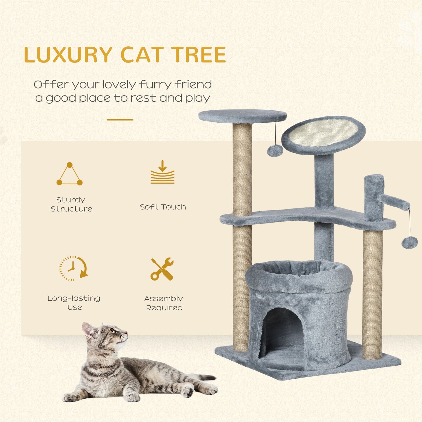 PawHut Cat Tree Tower Kitten Activity Center Scratching Post w/Condo Bed Perch Ball Toy