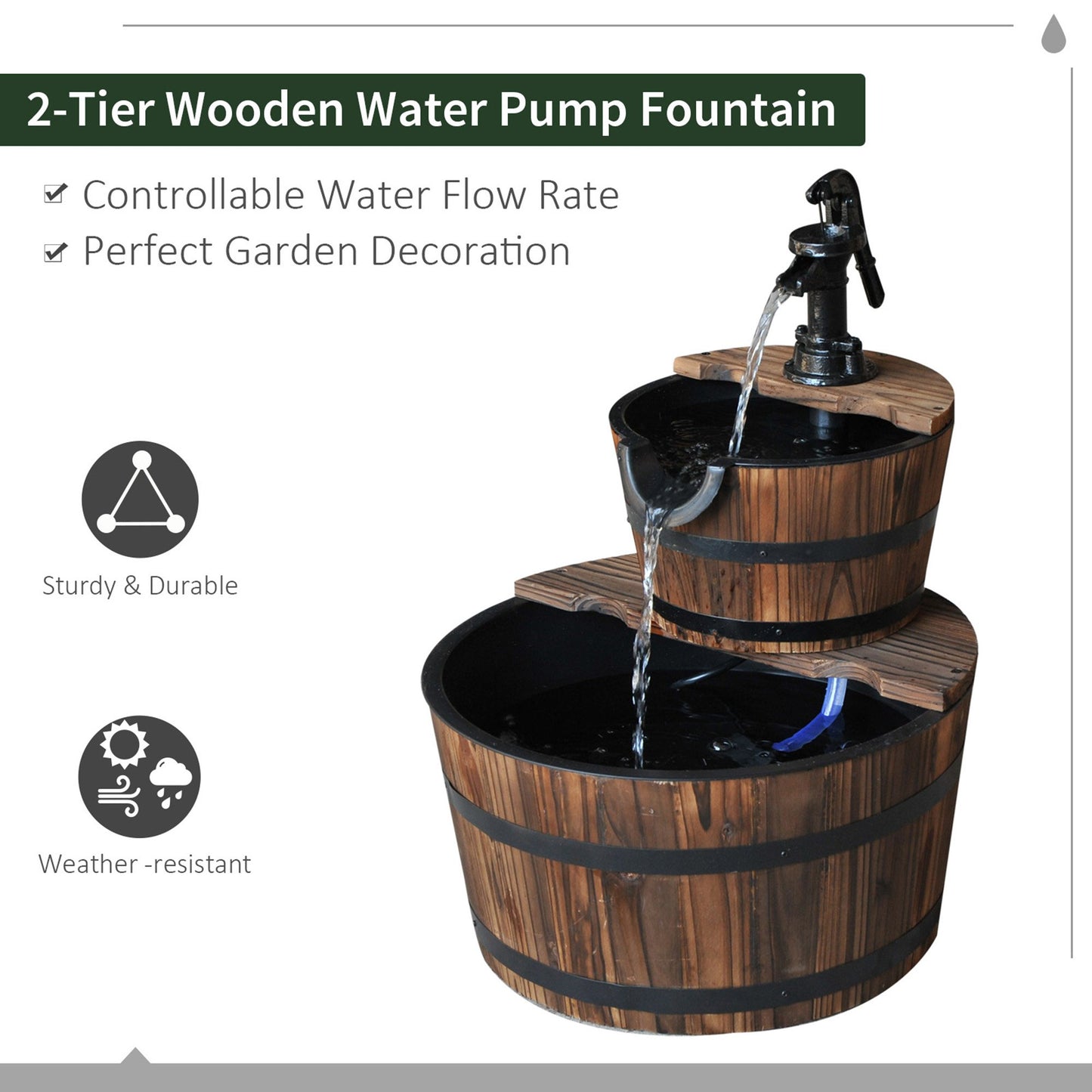 Outsunny Wooden Water Pump Fountain, 2 Tier-Fir Wood/Steel