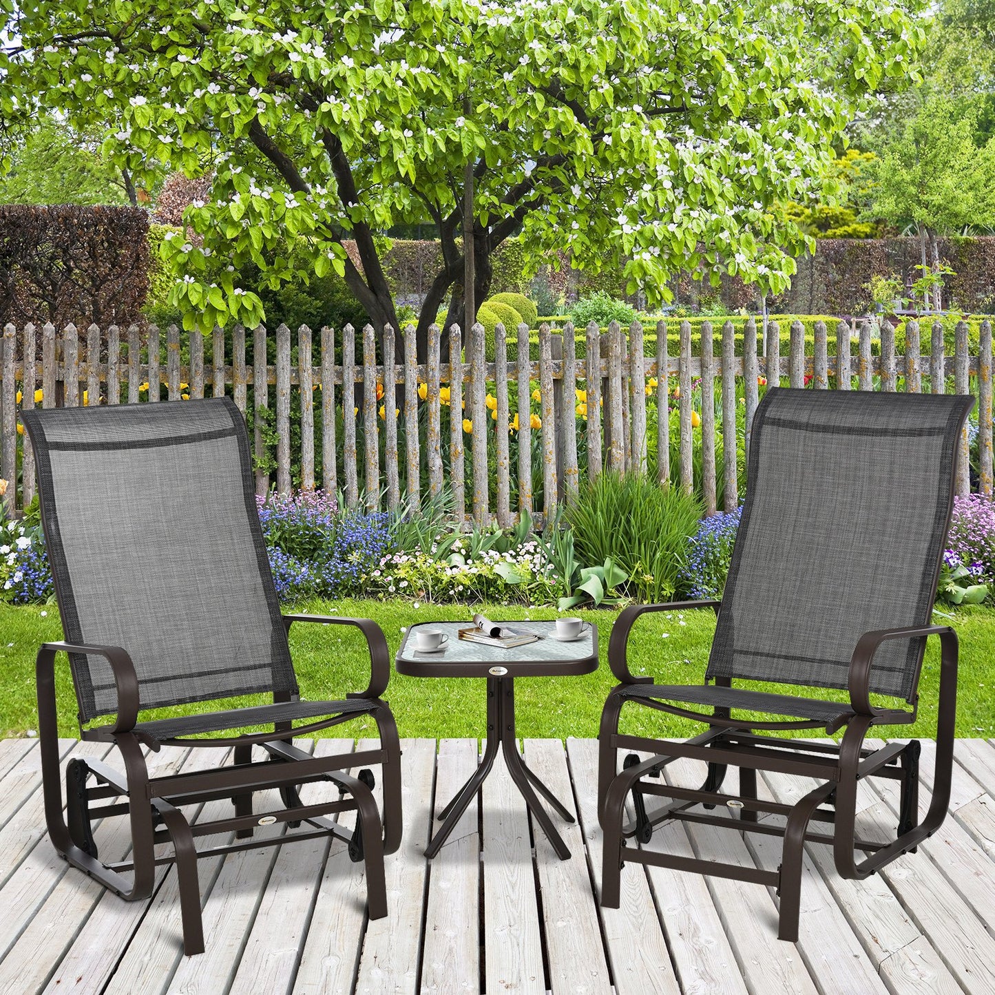 Outsunny Metal Frame Outdoor Textilene Rocking Chair Set w/ Tea Table Brown