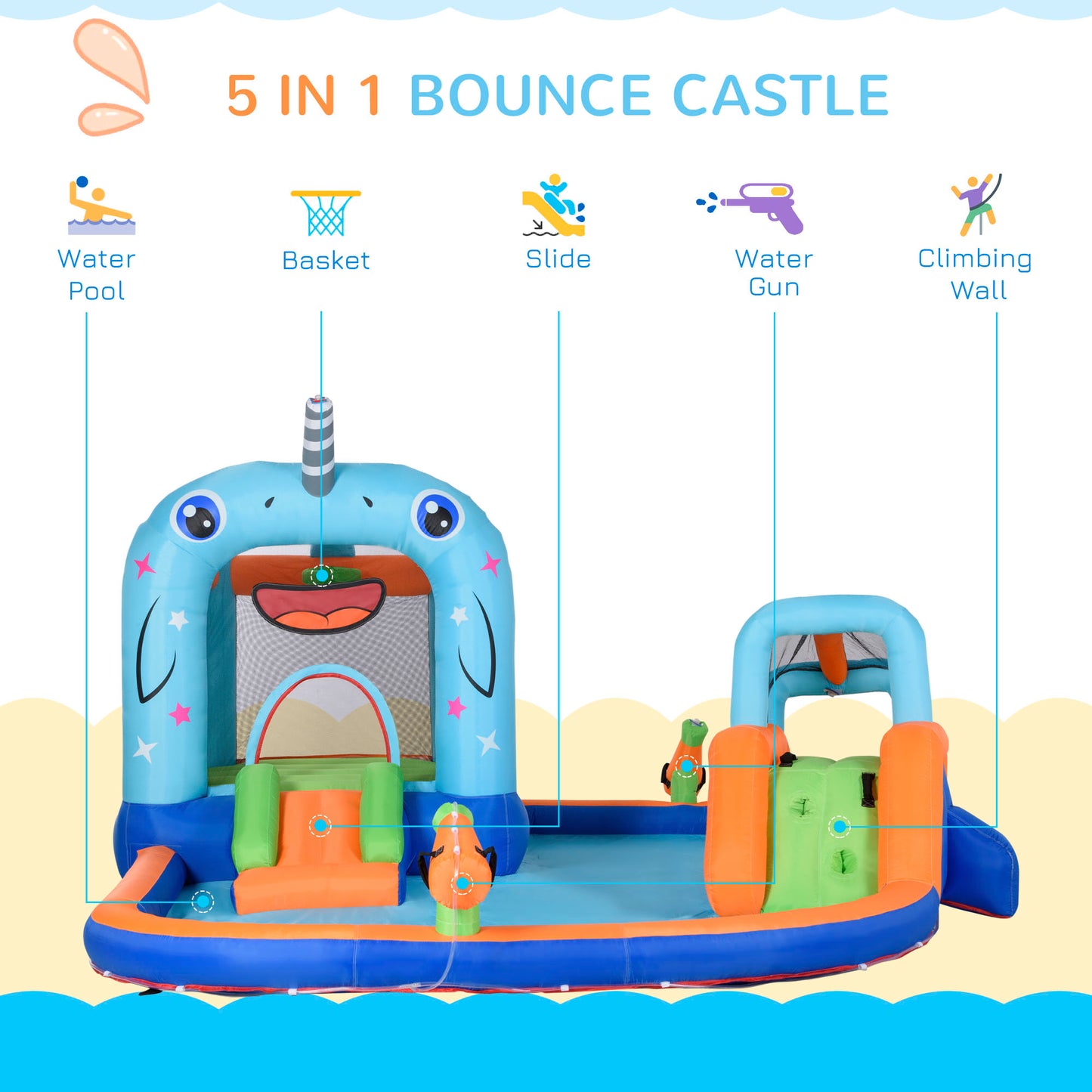 Outsunny 5 in 1 Kids Bounce Castle Narwhals Style Inflatable House with Slide Trampoline Pool Water Gun Climbing Wall with Inflator Carrybag, 4.2 x 3.7 x 2.3m