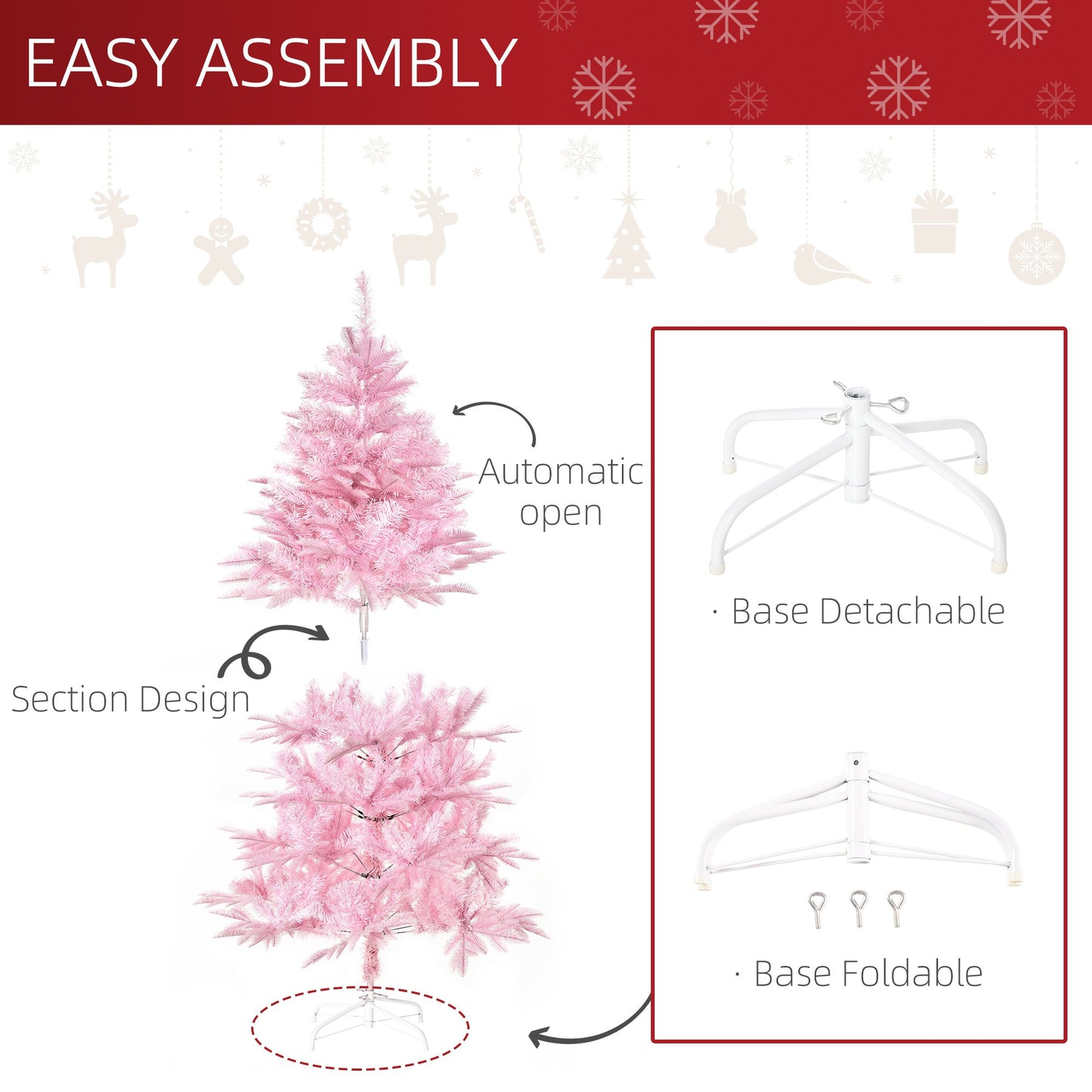 HOMCOM 5FT Pop-up Artificial Christmas Tree Xmas Holiday Tree Decoration Party Pink