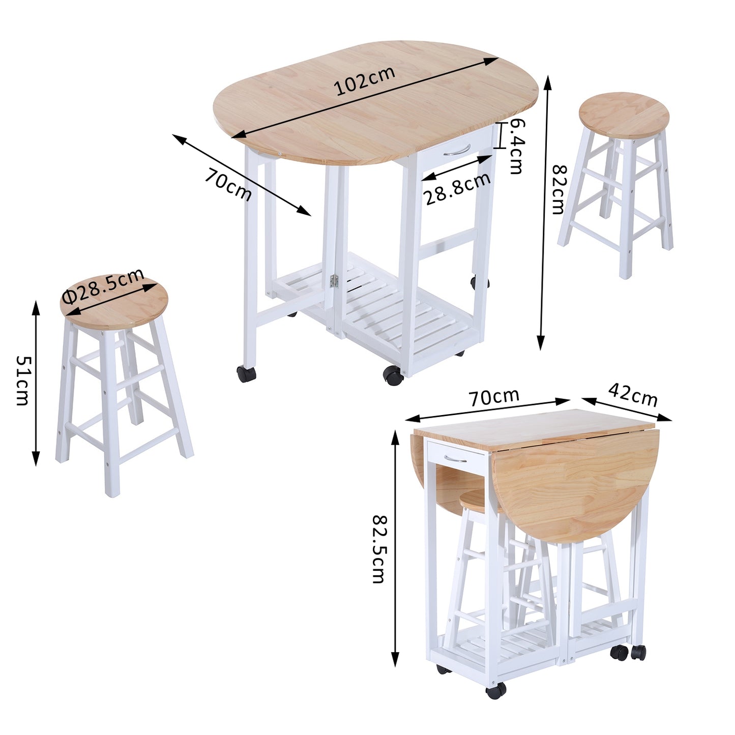 HOMCOM Pine Wood 3-Piece Compact Folding Dining Table with Stools White