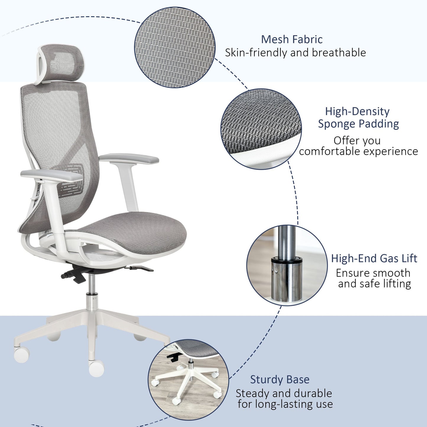 Vinsetto Adjustable Ergonomic Office Chair w/ 360° Swivel Base, 5 Star Wheels, Mesh Back