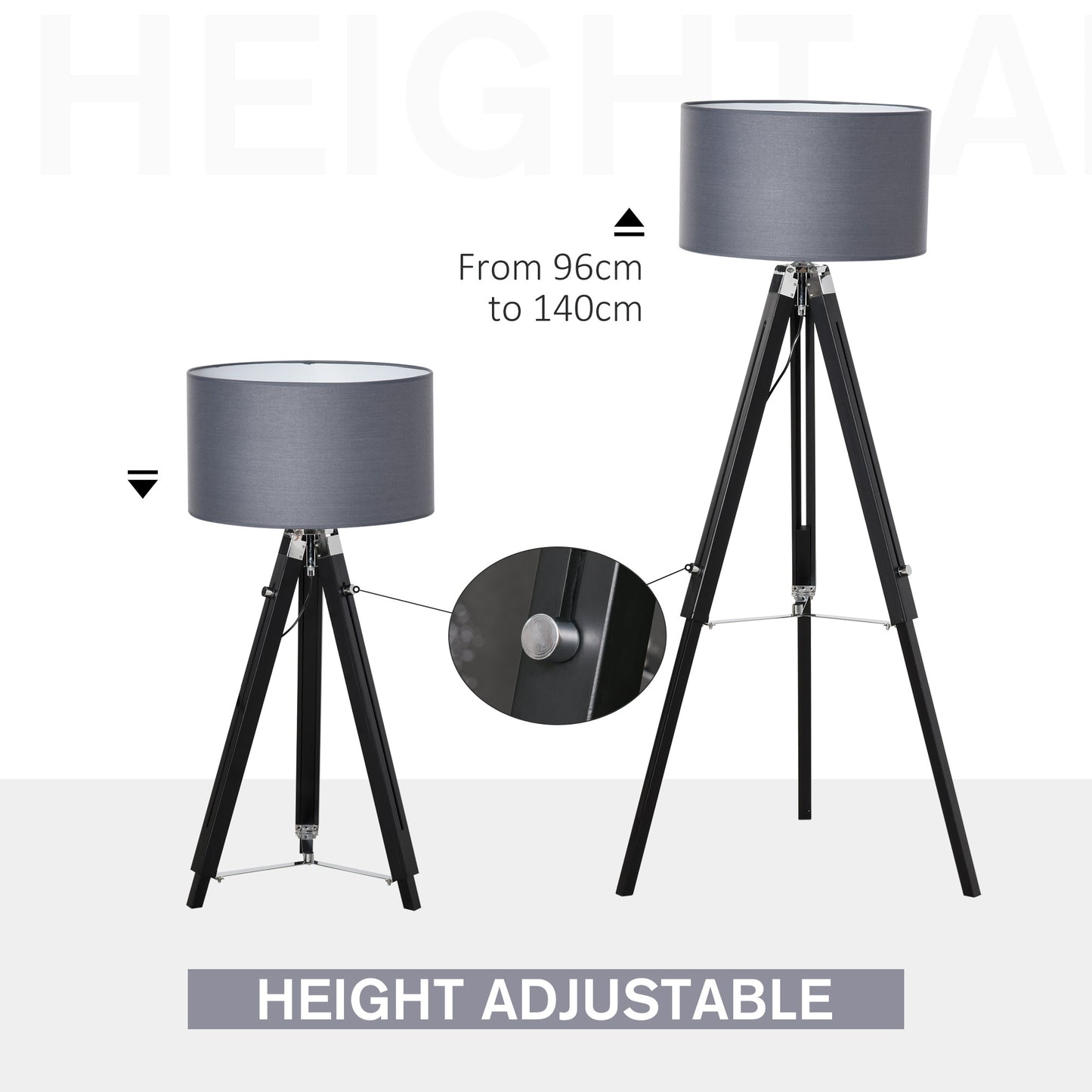 HOMCOM Tripod Stand Floor Lamp Adjustable Height Wood Leg for Home Office Grey Black