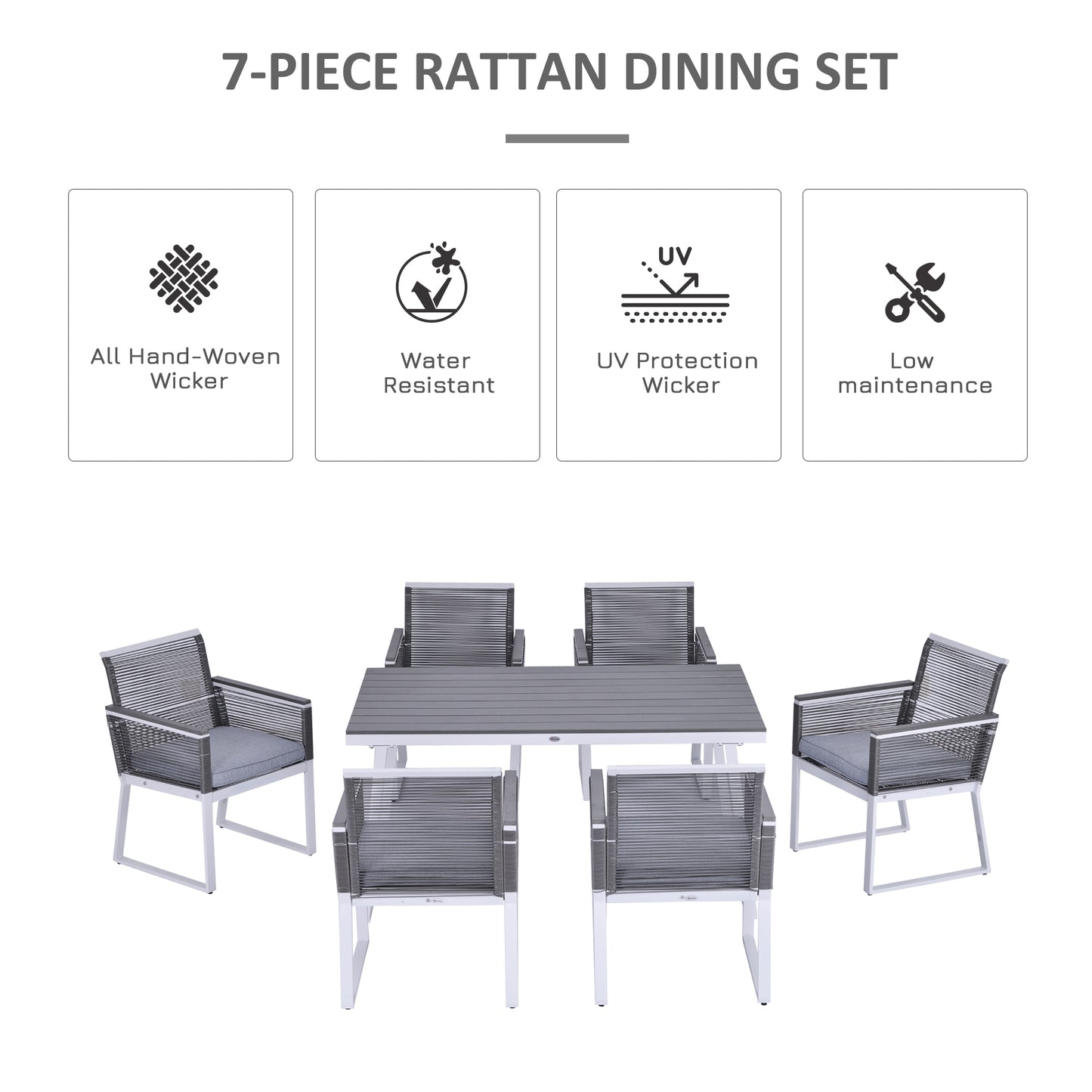 Outsunny 7 PCS Dining Set with 6 PE Rattan Cushioned Chairs & 1 Rectangle Table