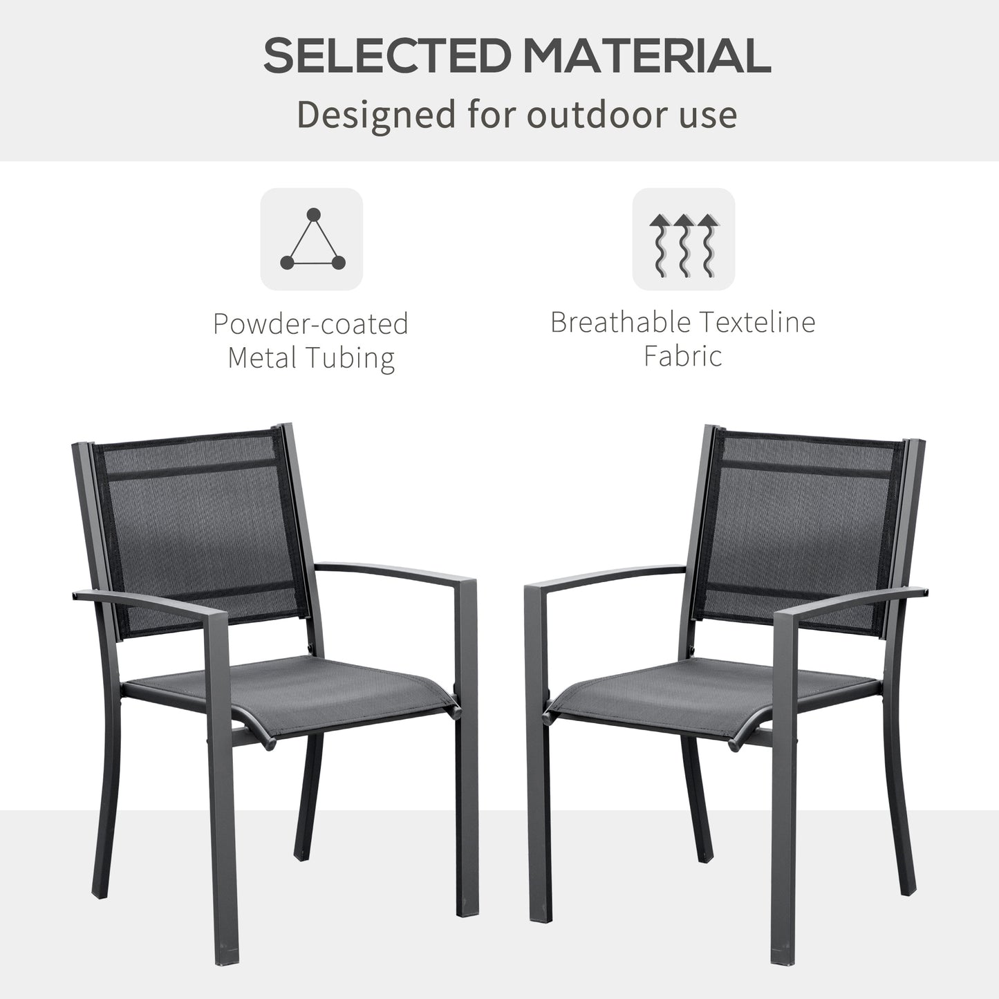 Outsunny Garden Chairs Set Of 2 Outdoor Chairs with Steel Frame Texteline Seats for Dining Patio Balcony Dark Grey Black