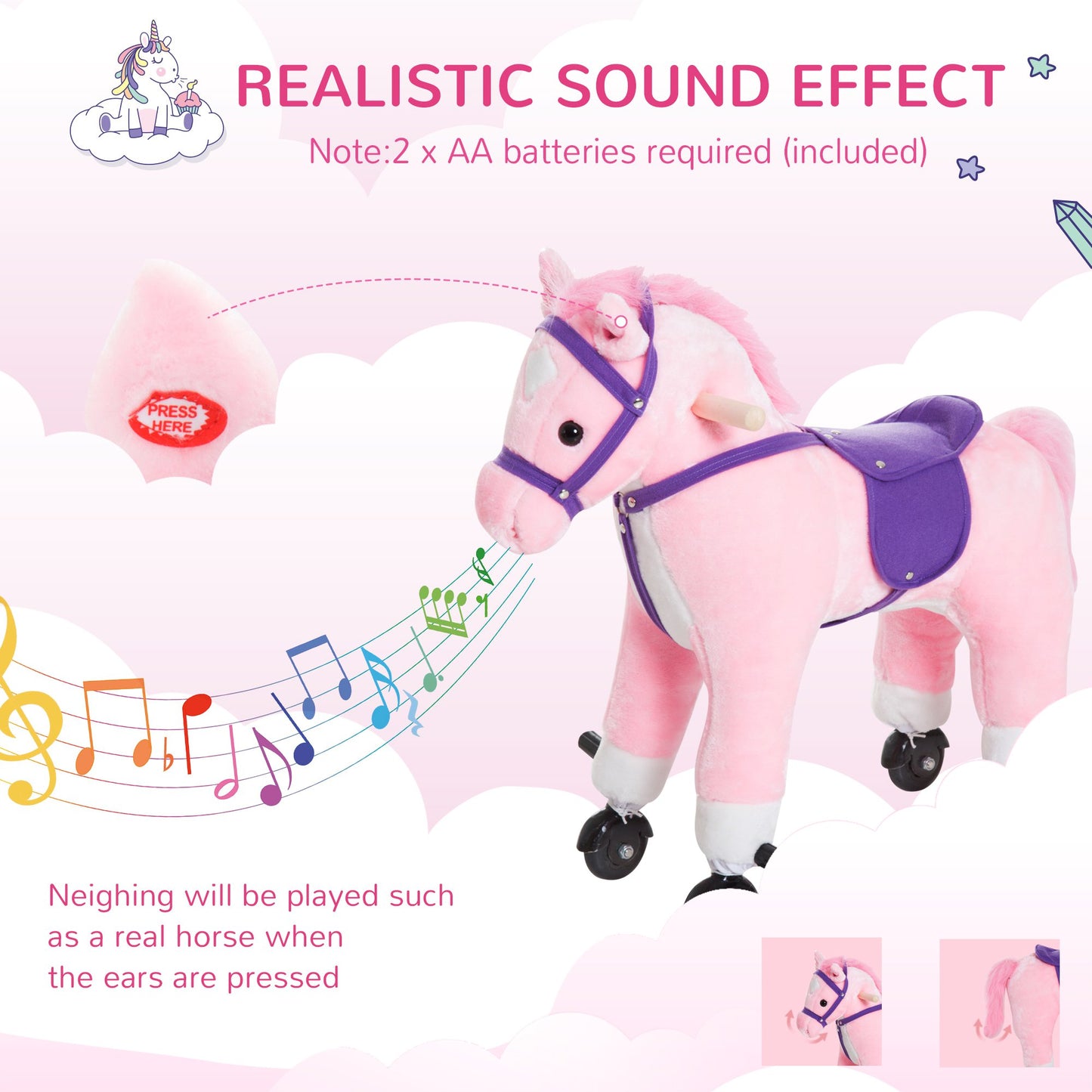 HOMCOM Rocking Horse W/Rolling Wheels and Sound-Pink