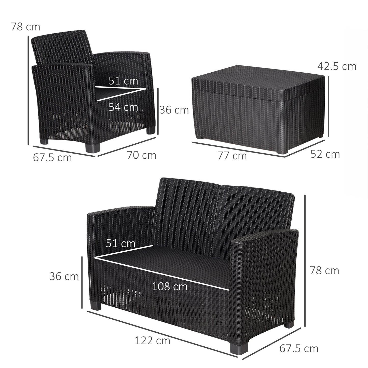 Outsunny 4-Seater PP Rattan Garden Furniture Set Patio Furniture w/ Cushion Black