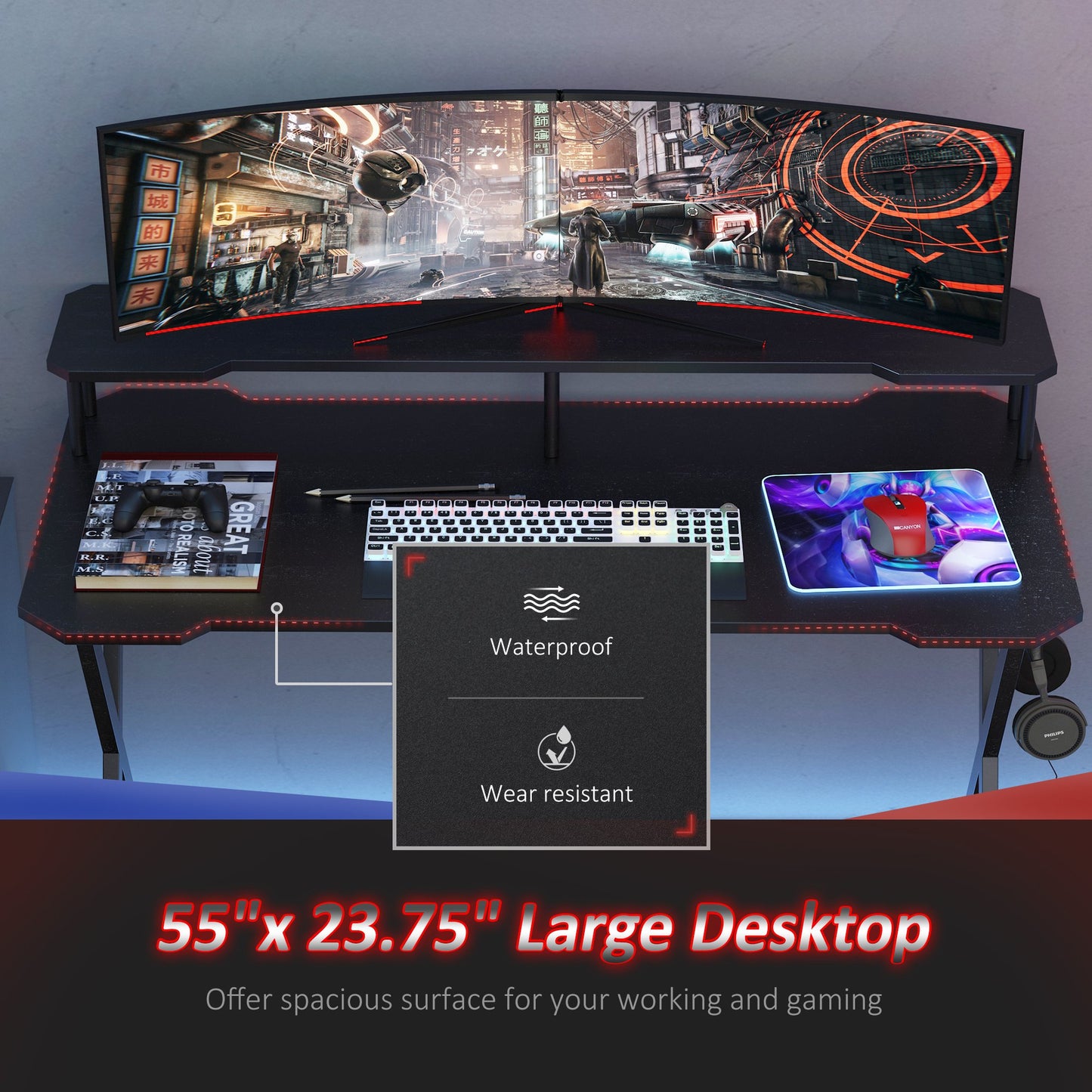 HOMCOM 55 inch Gaming Desk Racing Style Computer Office PC Gamer Workstation with Elevated Monitor Stand, Headphone Hook, Black