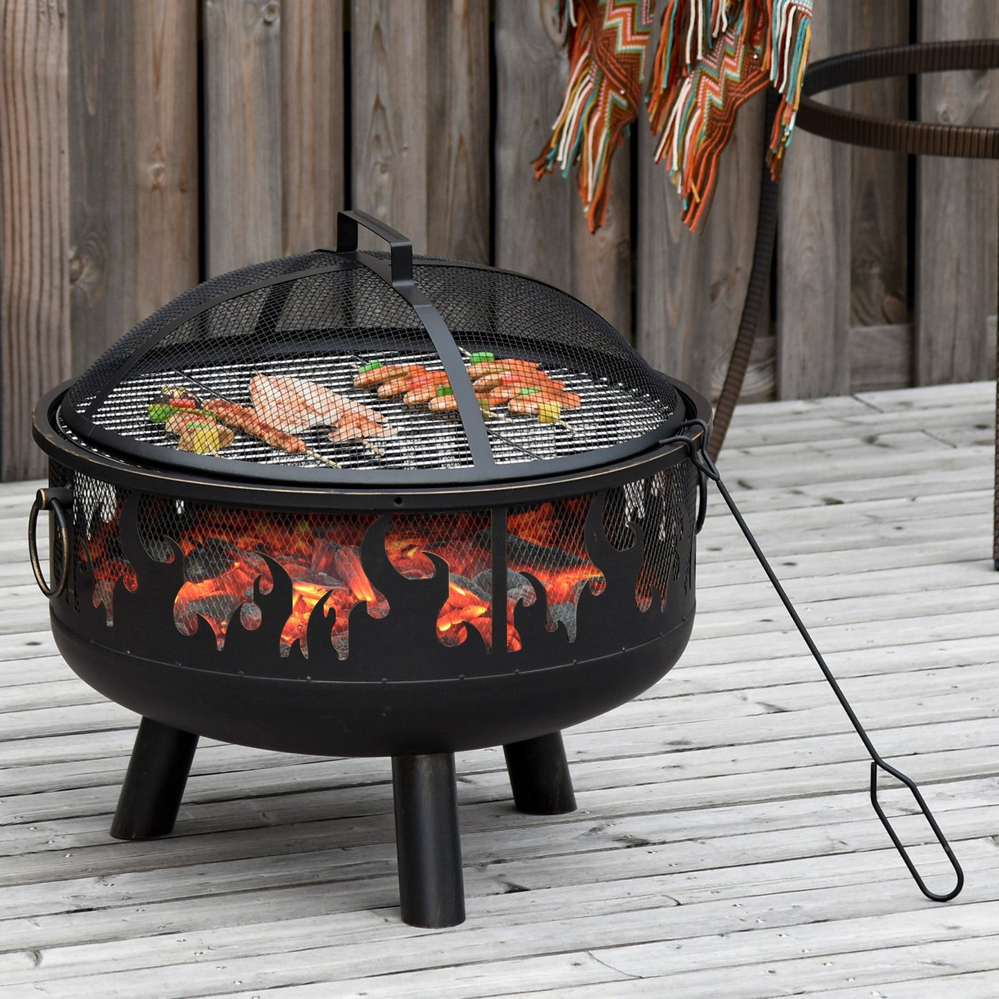 Outsunny Outdoor Fire Pit with Grill Cooking Grate W/ Cover Fire Poker Yard Bonfire Patio