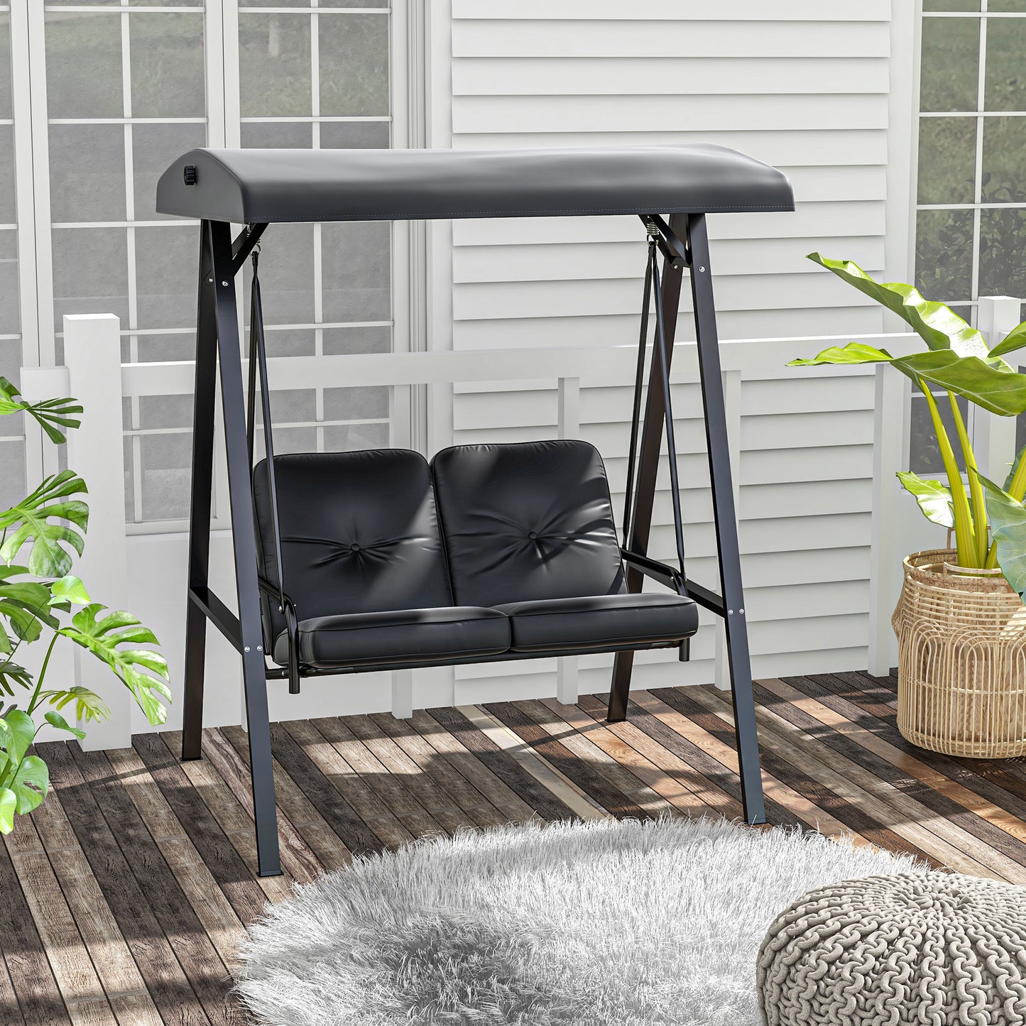 Outsunny Two-Seater Garden Swing Bench, with Adjustable Canopy - Black