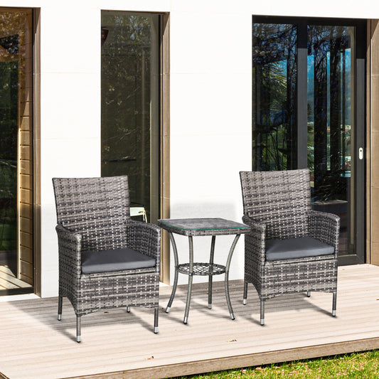 Outsunny Garden Outdoor Rattan Furniture Bistro Set 3 PCs Patio Weave Companion Chair Table Set Conservatory, Light Grey