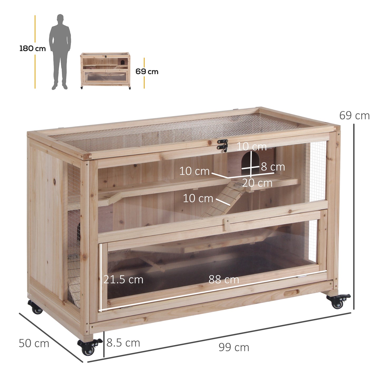 PawHut Wooden Hamster Cage, Mice Rodent Small Animals Kit Hutch, 3 Tiers Exercise Play House, with Wheels, Bottom Tray, 99 x 50 x 69 cm, Natural Wood