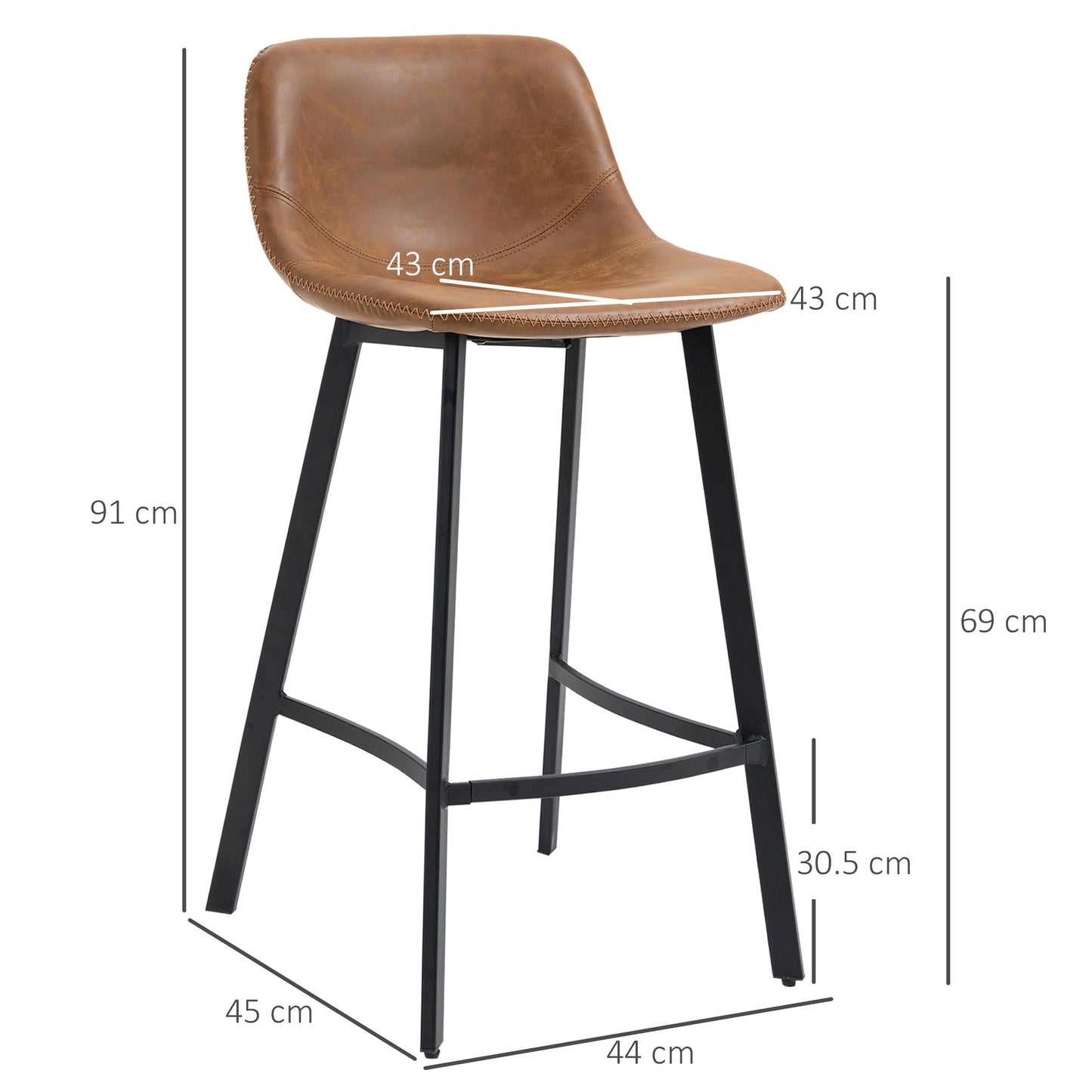HOMCOM Bar Stools Set of 2, Industrial Kitchen Stool, Upholstered Bar Chairs with Back, Steel Legs, Brown