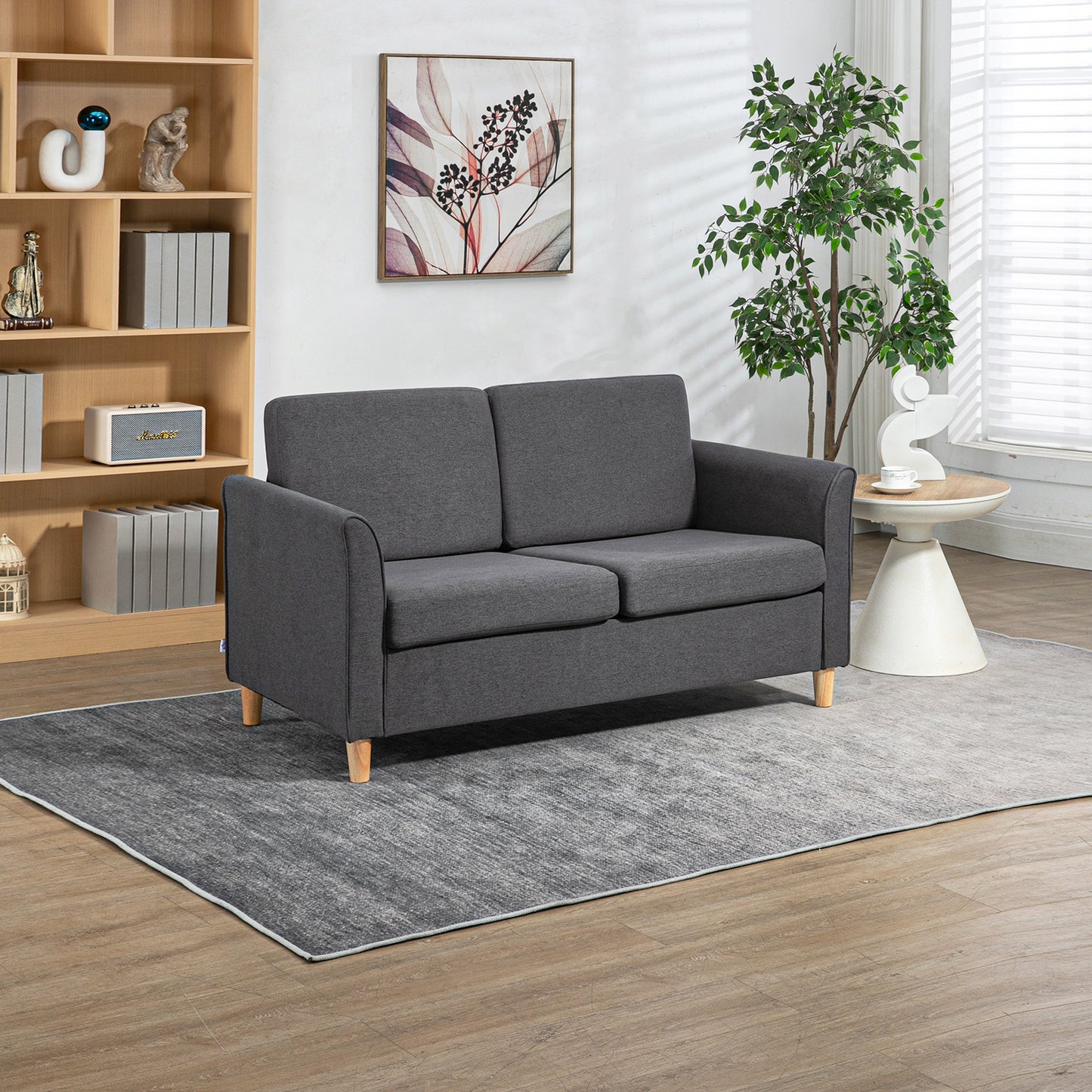 HOMCOM Compact Loveseat Sofa Modern 2 Seater Sofa for Living Room with Wood Legs and Armrests Dark Grey