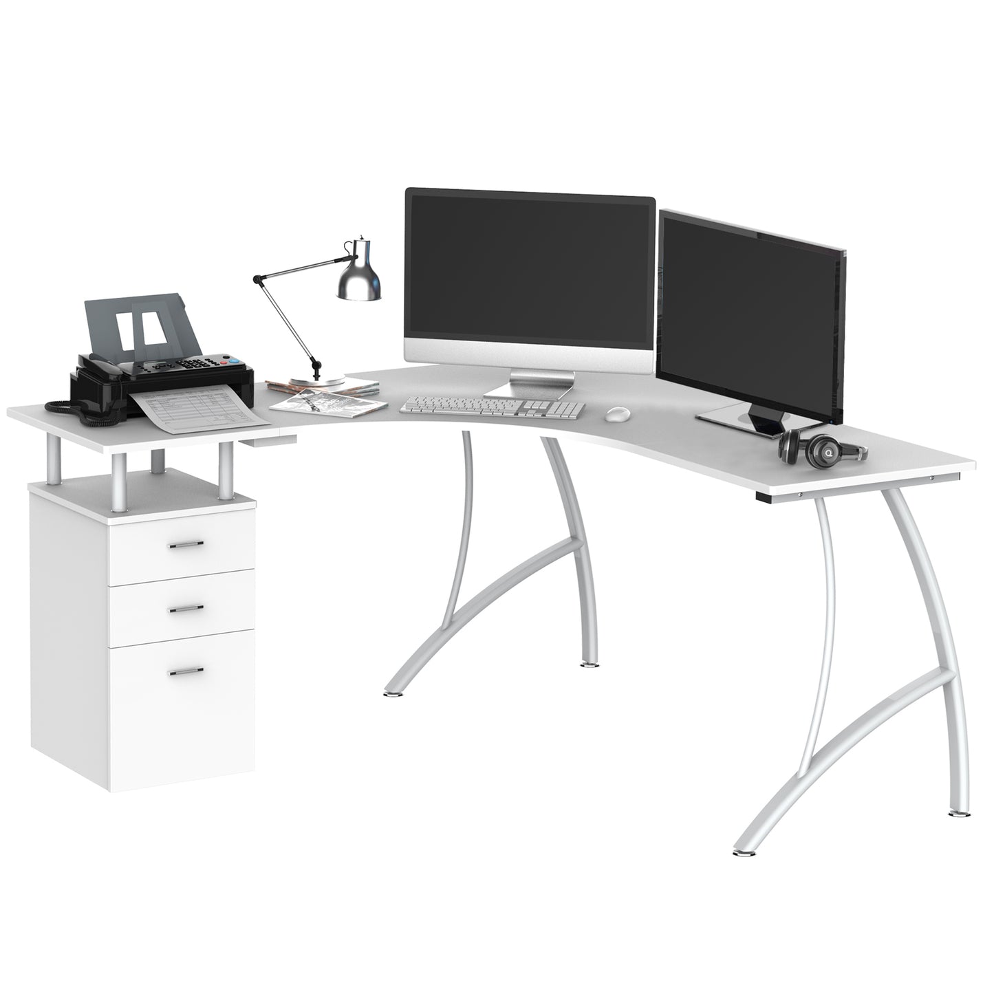 HOMCOM Corner Computer Desk L-Shaped Study PC Table Writing Workstation-White