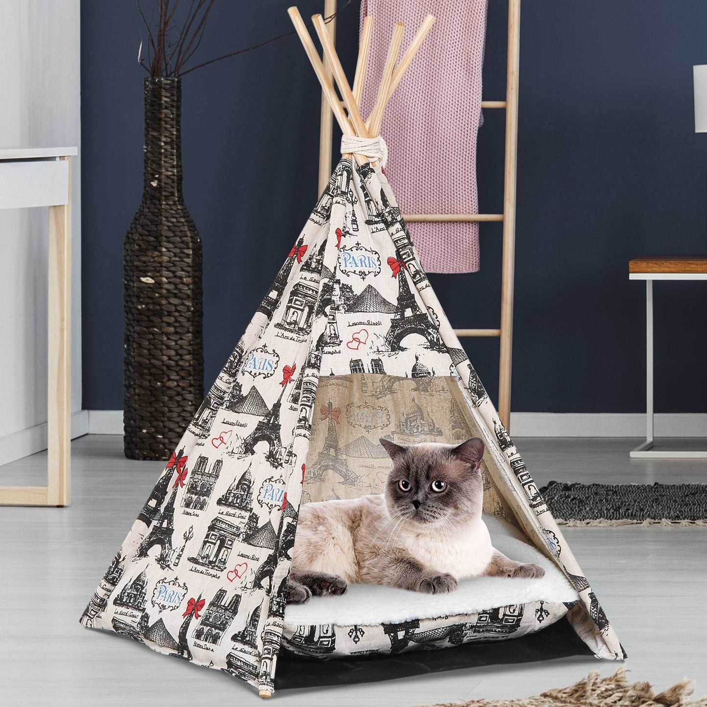 PawHut Portable Pet Teepee, 67Lx65Wx78H cm-Beige