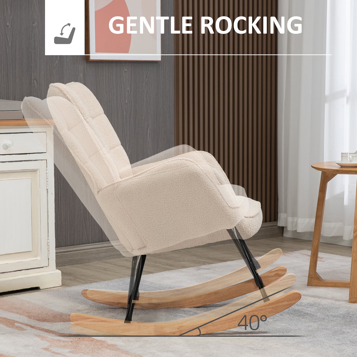HOMCOM Wingback Rocking Chair for Nursing, Berber Fleece Nursery Glider Rocker, Modern Armchair for Living Room, Beige