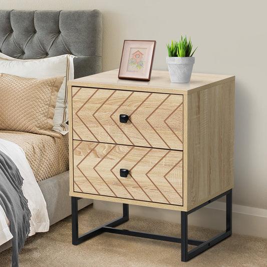 HOMCOM Bedside Table 2 Drawer Unit  Zig Zag Design Nightstand w/ Black Metal Handles Melamine Finish