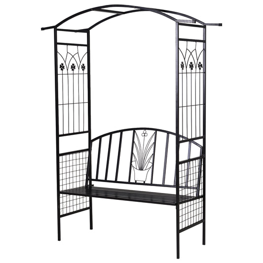 Outsunny Steel Frame Outdoor Garden Arch w/ 2-Seater Bench Flower Climber Black