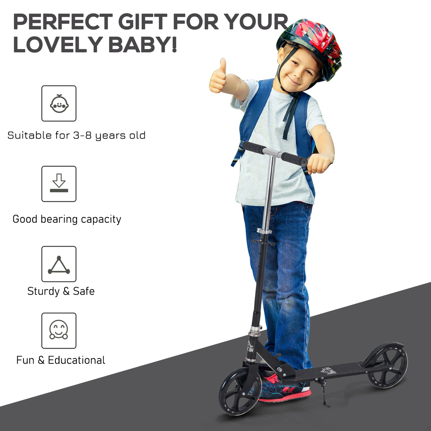 HOMCOM Kids Scooter Height Adjustable Foldable Design Teens Ride On Toy Black