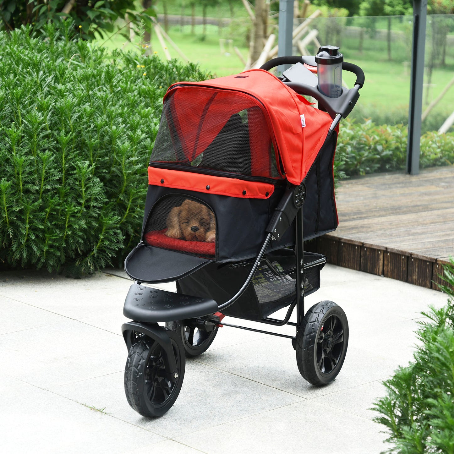 red dog stroller PawHut Oxford Cloth Folding 3-Wheel Pet Stroller Dog Trolley Red/Black – mhstar.co.uk