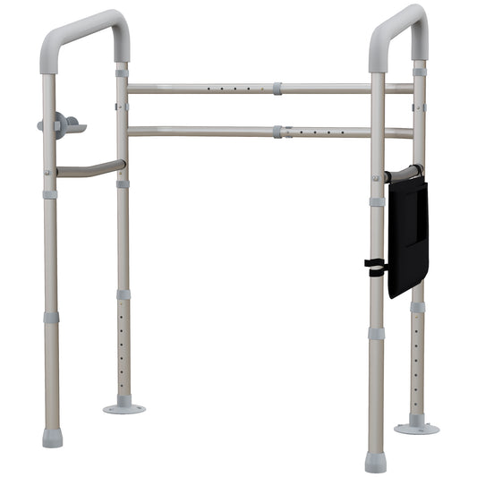 HOMCOM Free Standing Toilet Frame Height and Width Adjustable Toilet Safety Frame with Arms 2 Additional Suction Cups Storage for Elderly Senior Disabled Handrail Grab Bar 136kg Weight Capacity
