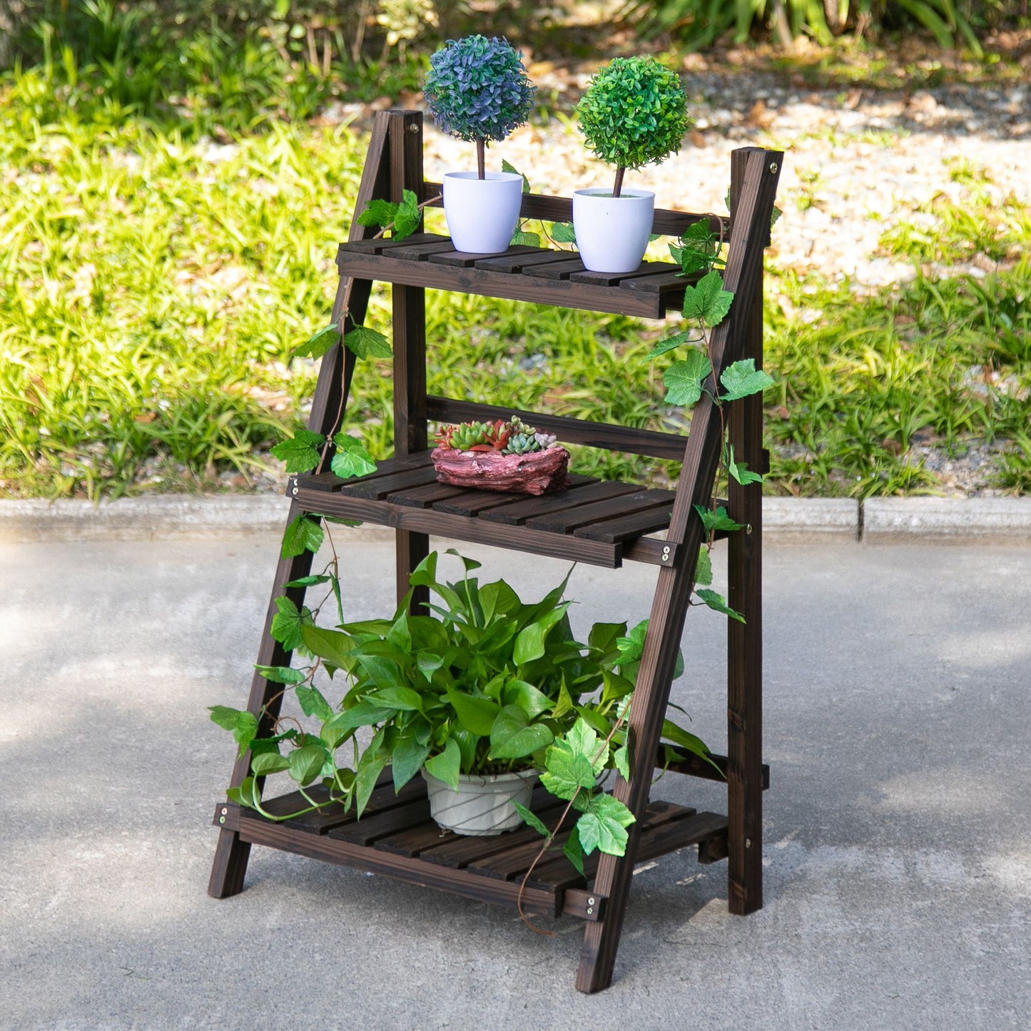 Outsunny 3-Tier Wooden Plant Shelf Foldable Flower Pots Holder Stand Indoor Outdoor