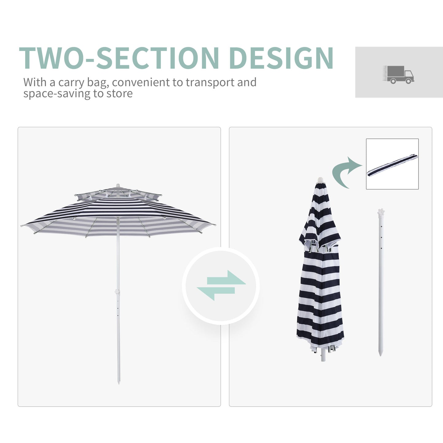 Outsunny Arc. 240cm Beach Umbrella Double-top Adjustable Height w/ Carry Bag Blue Stripe