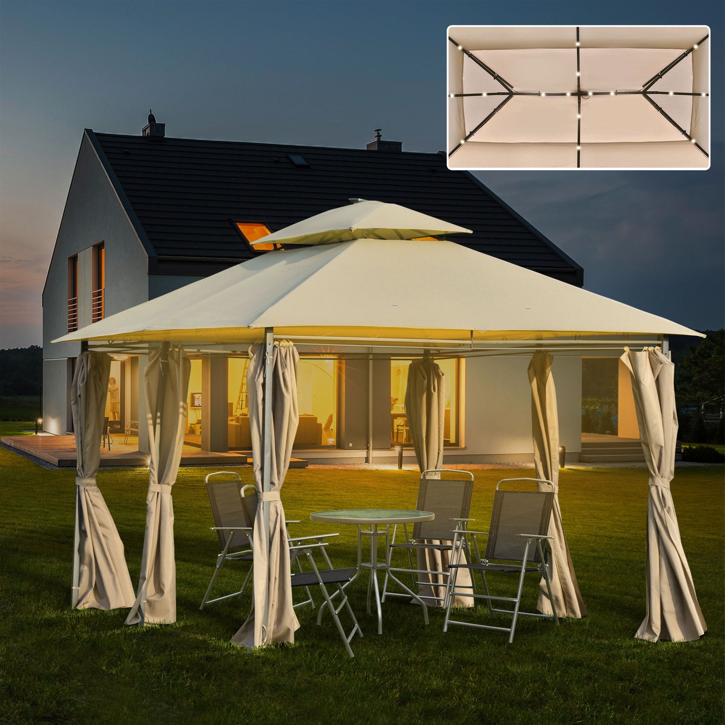 Outsunny Gazebo Canopy 4 x 3(m) Outdoor Garden Pavilion w/ LED Solar Light Double Canopy