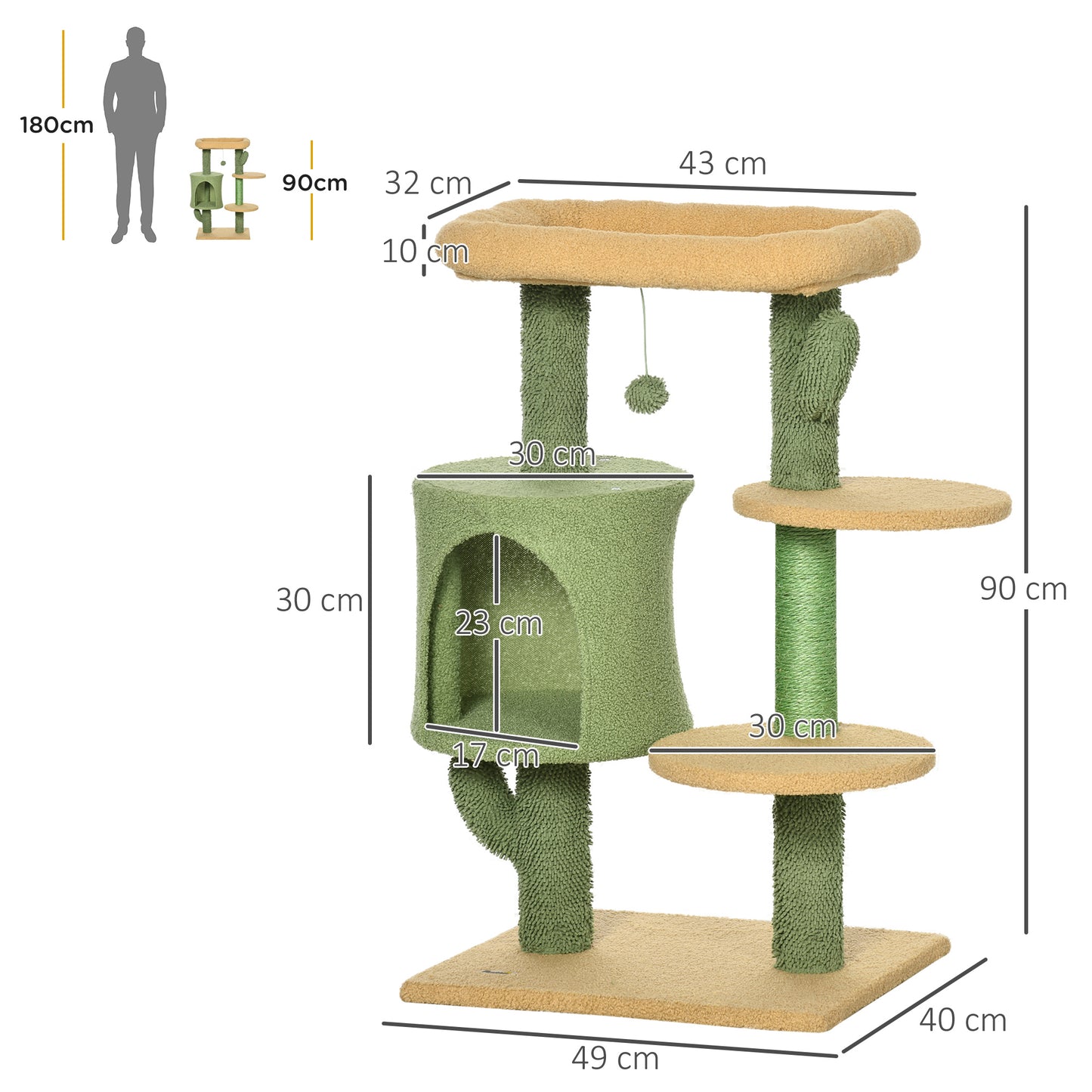 PawHut Cactus Cat Tree, 90cm Cat Climbing Tower, kitten Activity Centre with Teddy Fleece House, Green