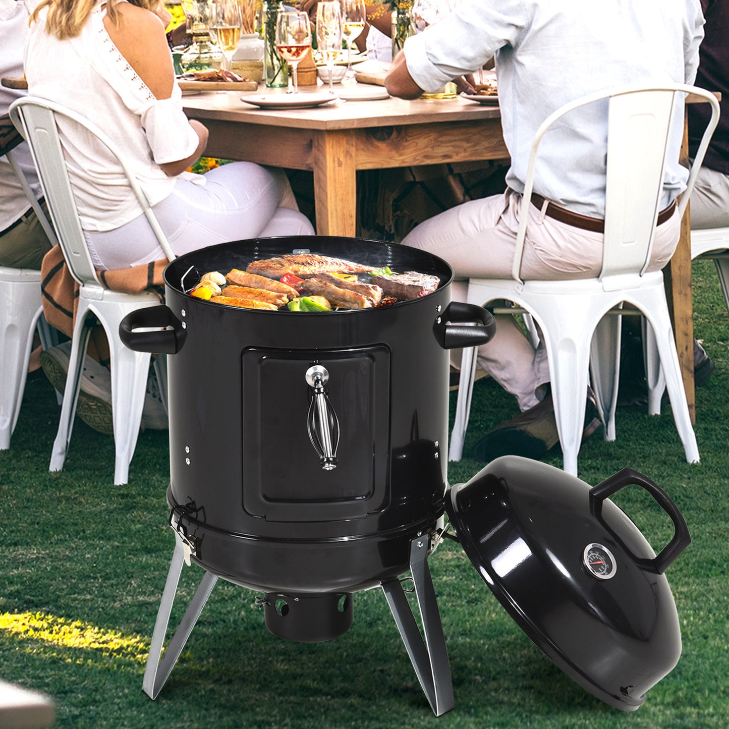 Outsunny Steel 3 in 1 Charcoal Smoker Grill w/ Thermostat Black