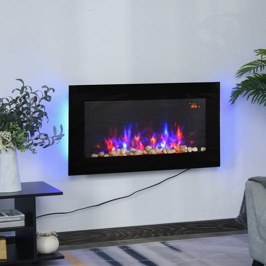 HOMCOM 2000W Wall Mounted Tempered Glass Electric Fireplace Heater Black