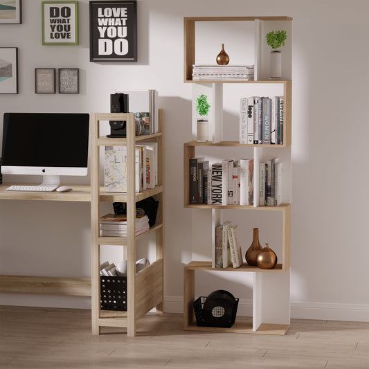 HOMCOM 5-tier S Shape Bookcase, Particle Board-Wood and White