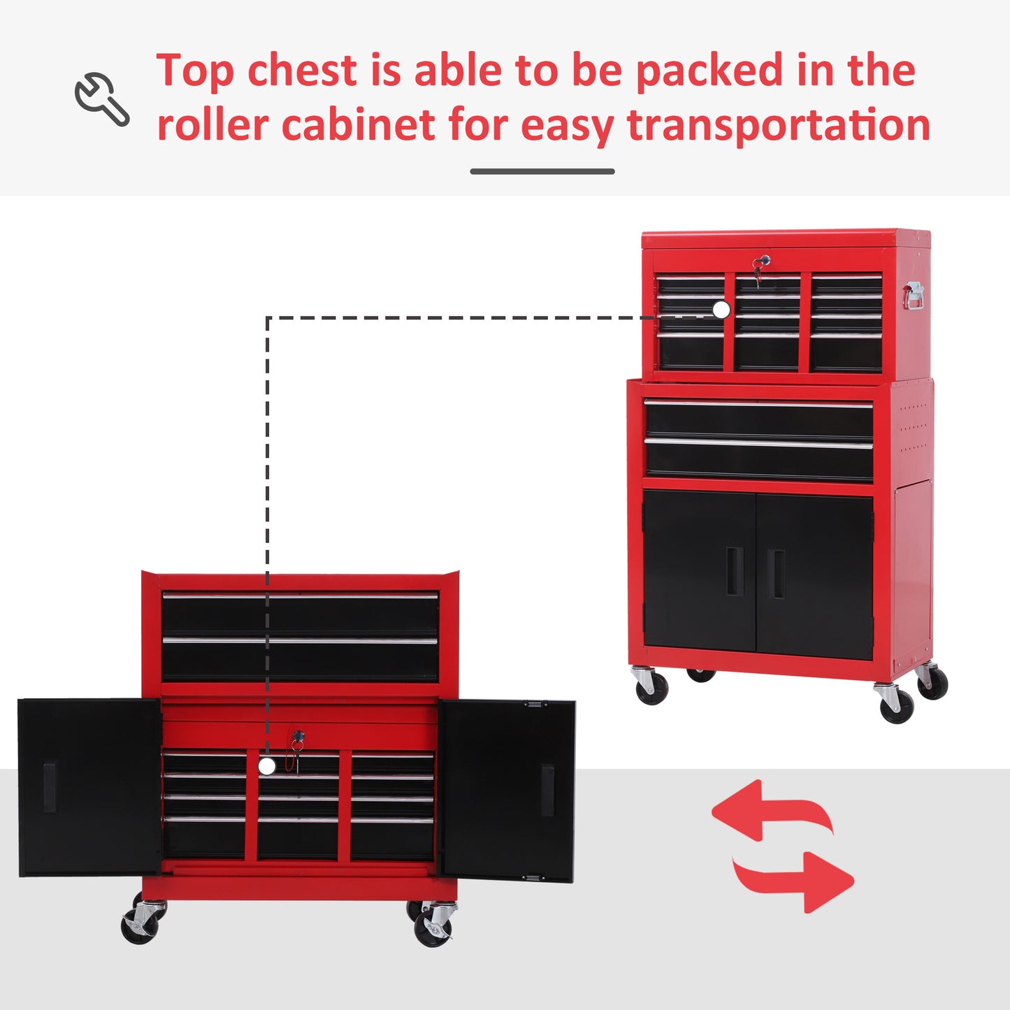 HOMCOM Metal ToolboxTrolley Portable Chest Box Rollcab Cabinet Garage Storage 6 Drawers-Black/Red