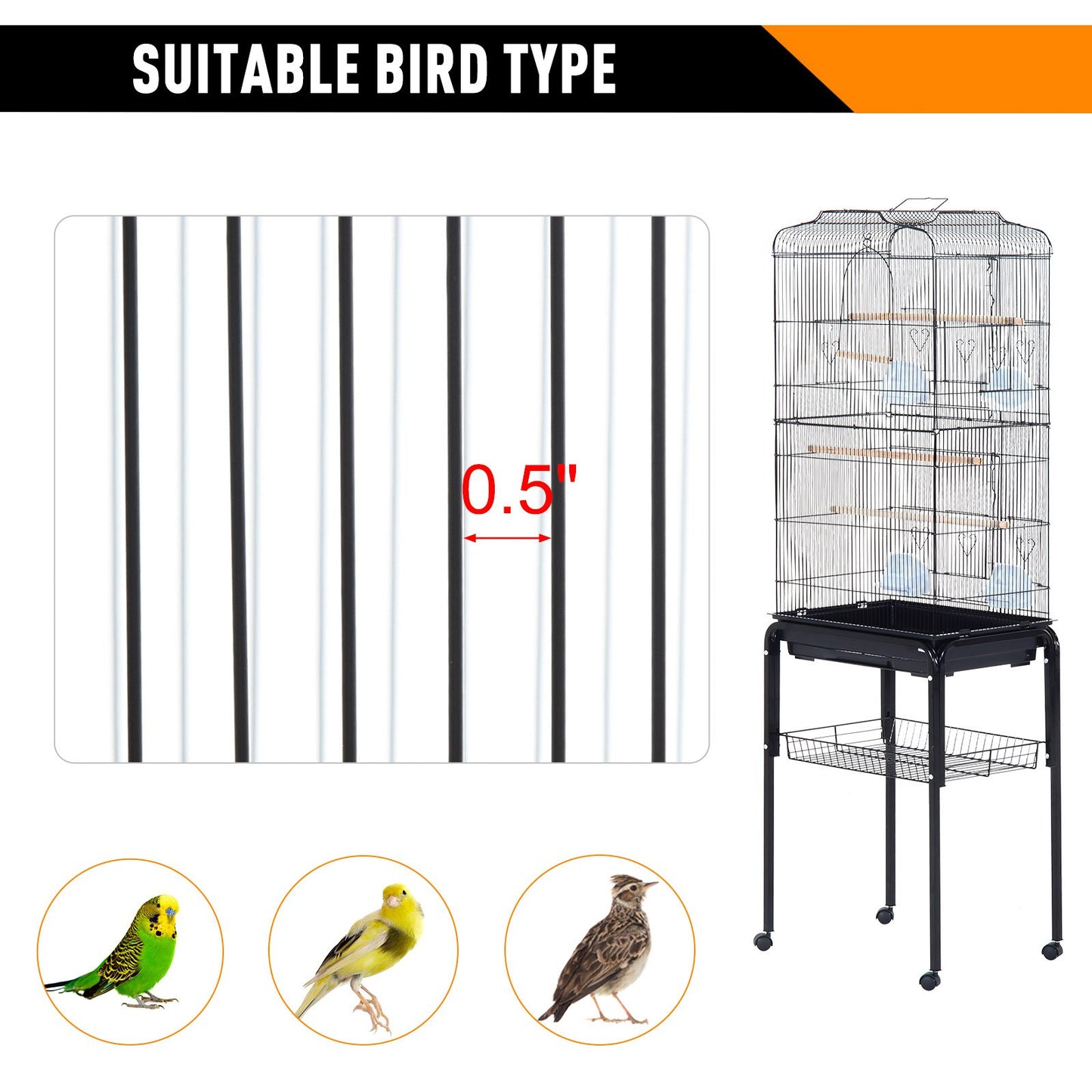 PawHut 153cm Metal Bird Cage W/Removable Wheels Stand-Black