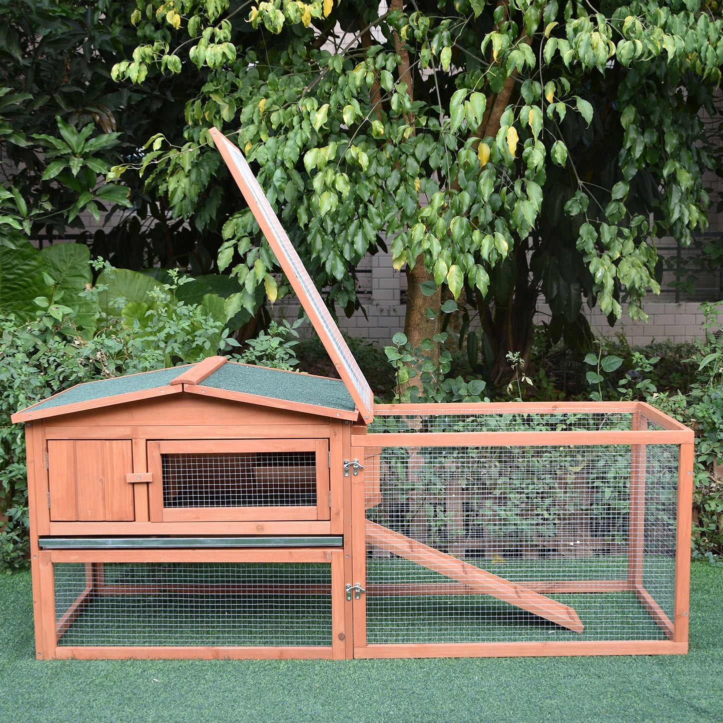 Pawhut 2 Floor Wooden Rabbit Hutch House Bunny Coop Outdoor Garden Backyard, 158L x 58W x 68H cm