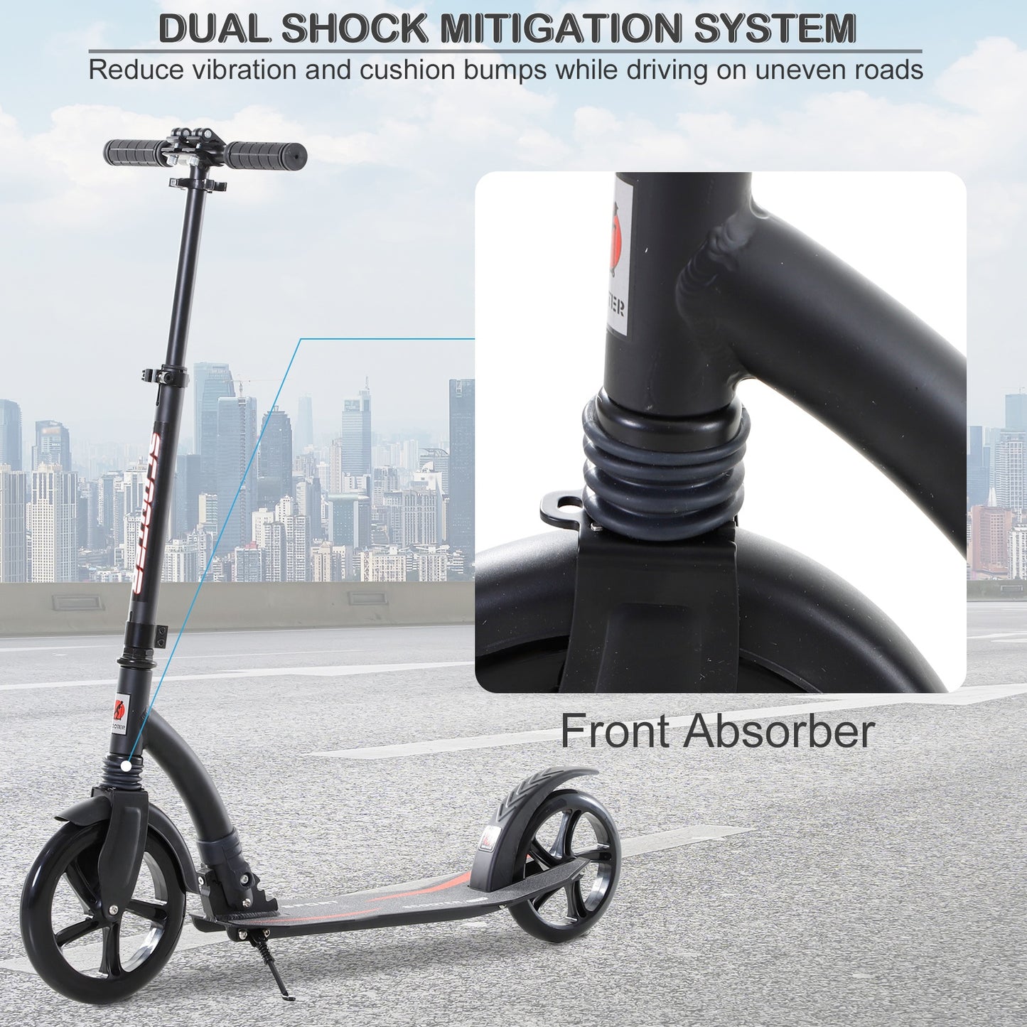 HOMCOM Teen/Adults Aluminium Folding Kick Scooter w/ Shock Mitigation System Black