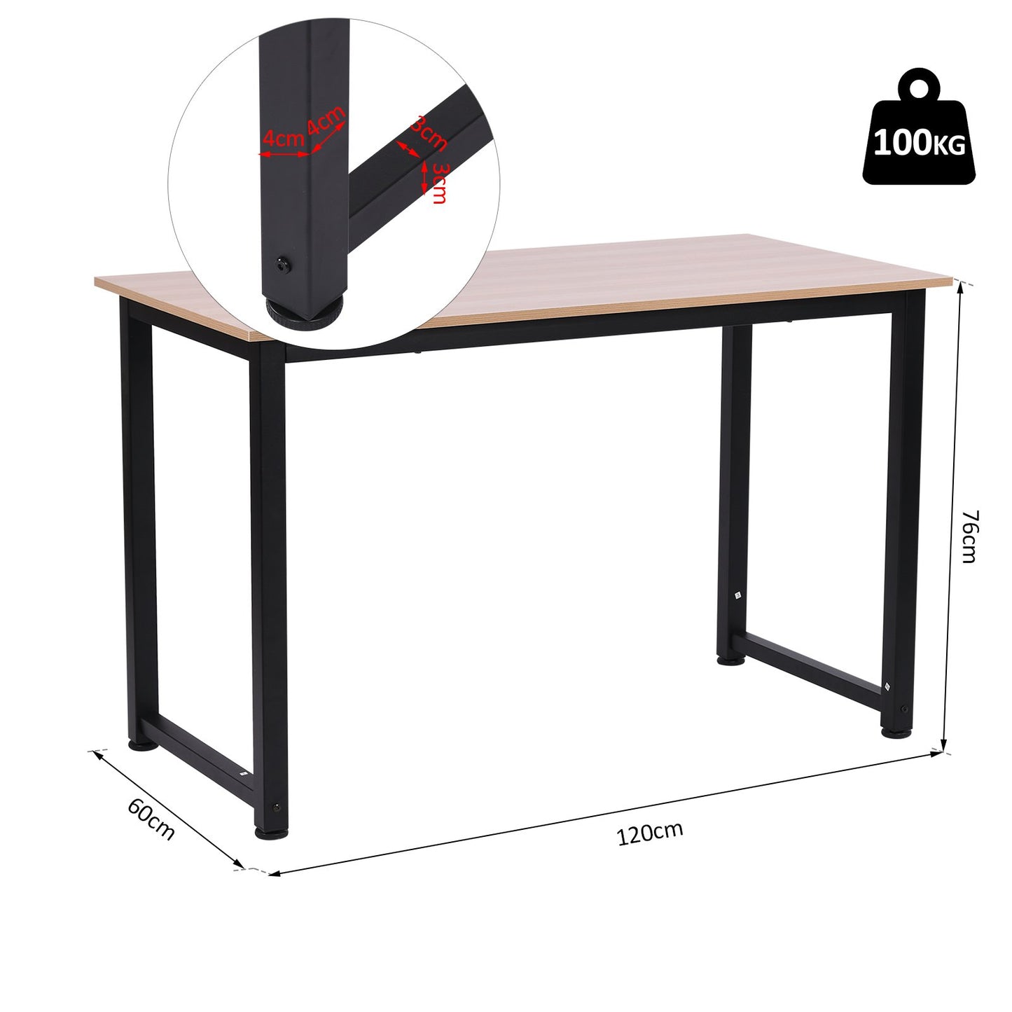 HOMCOM Computer Desk W/ Black Metal Frame MDF, 120W x 60D x 76Hcm-Oak Grain Tone